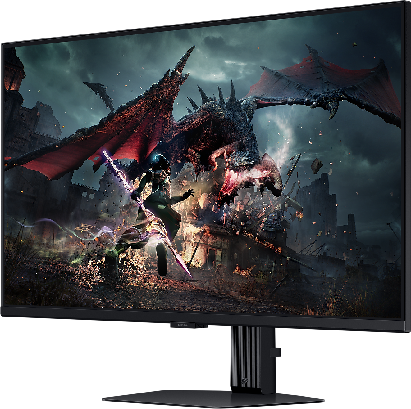 Gaming monitor egy sárkányt és egy alakot ábrázoló fantáziajelenettel. Sötét téma, fekete kerettel.