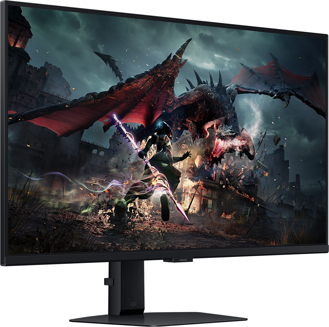 Egy fantasy jelenet egy harcossal, aki egy sárkánnyal küzd egy nagyméretű monitoron.
