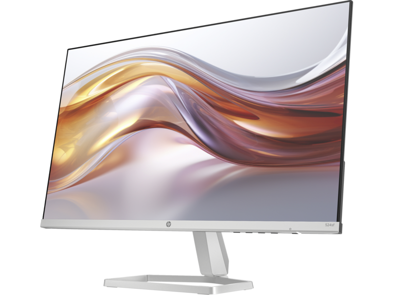 Fehér HP monitor ívelt képernyővel, mely egy absztrakt narancs-barna dizájnt jelenít meg.