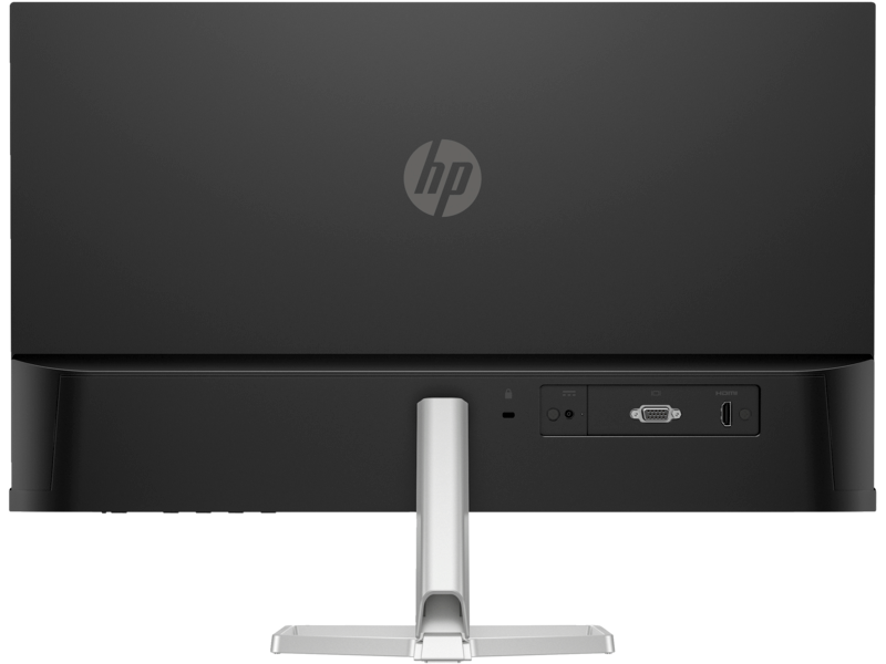 Egy fekete számítógép monitor hátulról, HP logóval és csatlakozó portokkal.