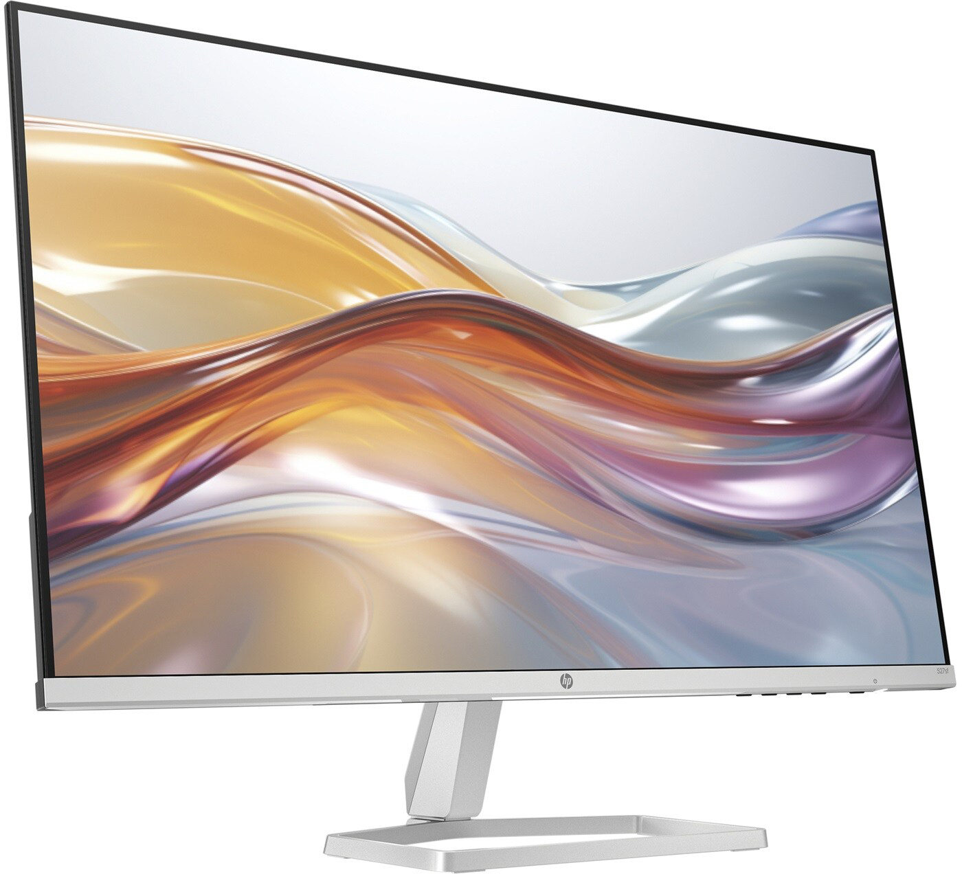 HP monitor ezüst állvánnyal. A képernyő színes absztrakt dizájnt mutat narancs és lila árnyalatokkal.