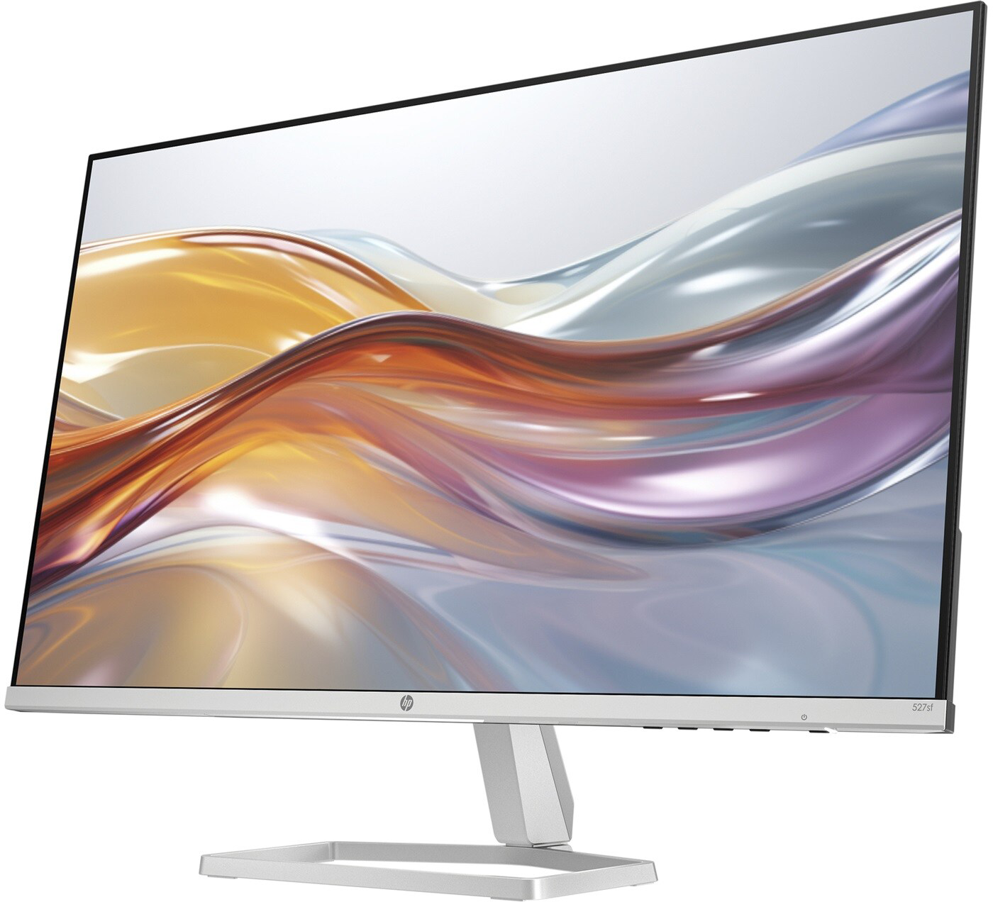 Ezüst HP monitor ívelt képernyővel, absztrakt művészetet mutat.