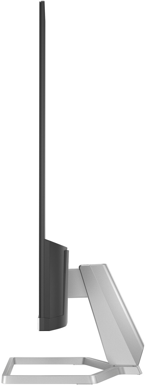 Egy számítógép monitor oldalnézete, ezüst talppal és fekete képernyővel.