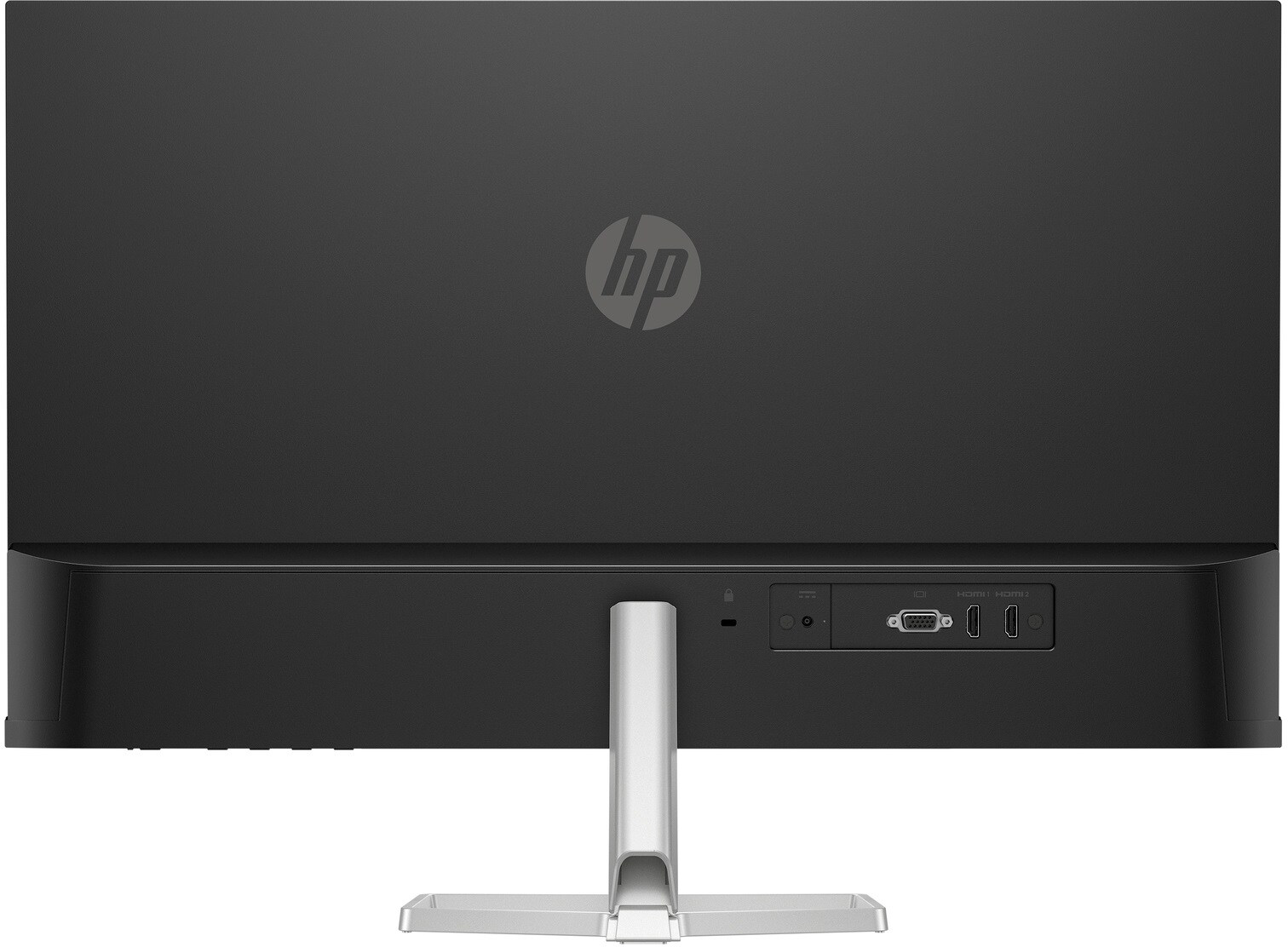 Egy HP monitor hátulja. Különböző csatlakozó portokkal és középen HP logóval.