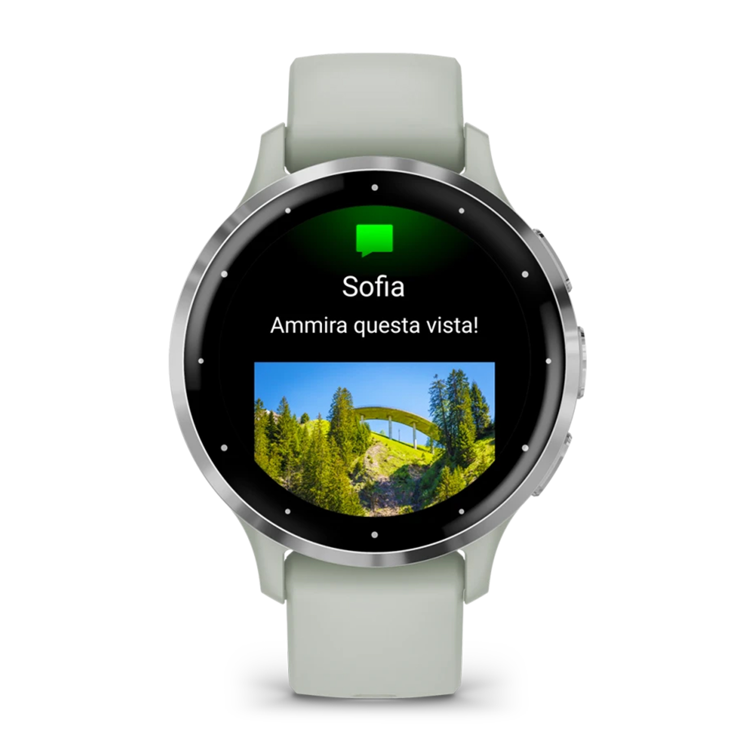 Smartwatch che mostra una foto di paesaggio con il testo "Sofia. Ammira questa vista!"