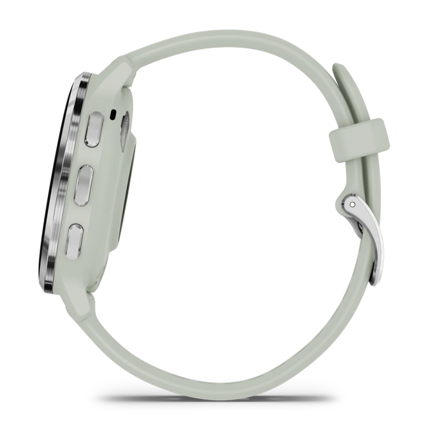 Uno smartwatch Garmin verde chiaro con cinturino verde chiaro, vista laterale.