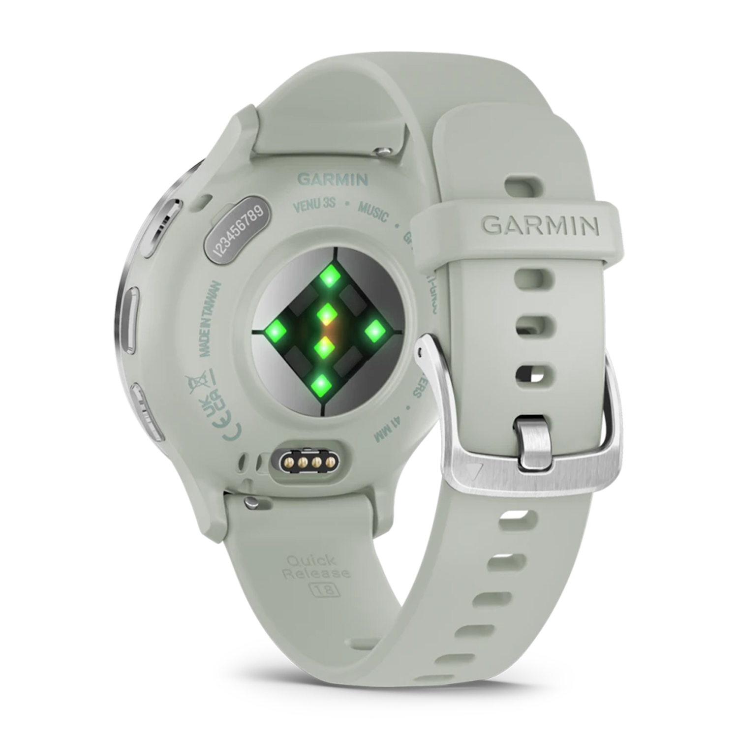 Vista posteriore di uno smartwatch con luci verdi e cinturino grigio.