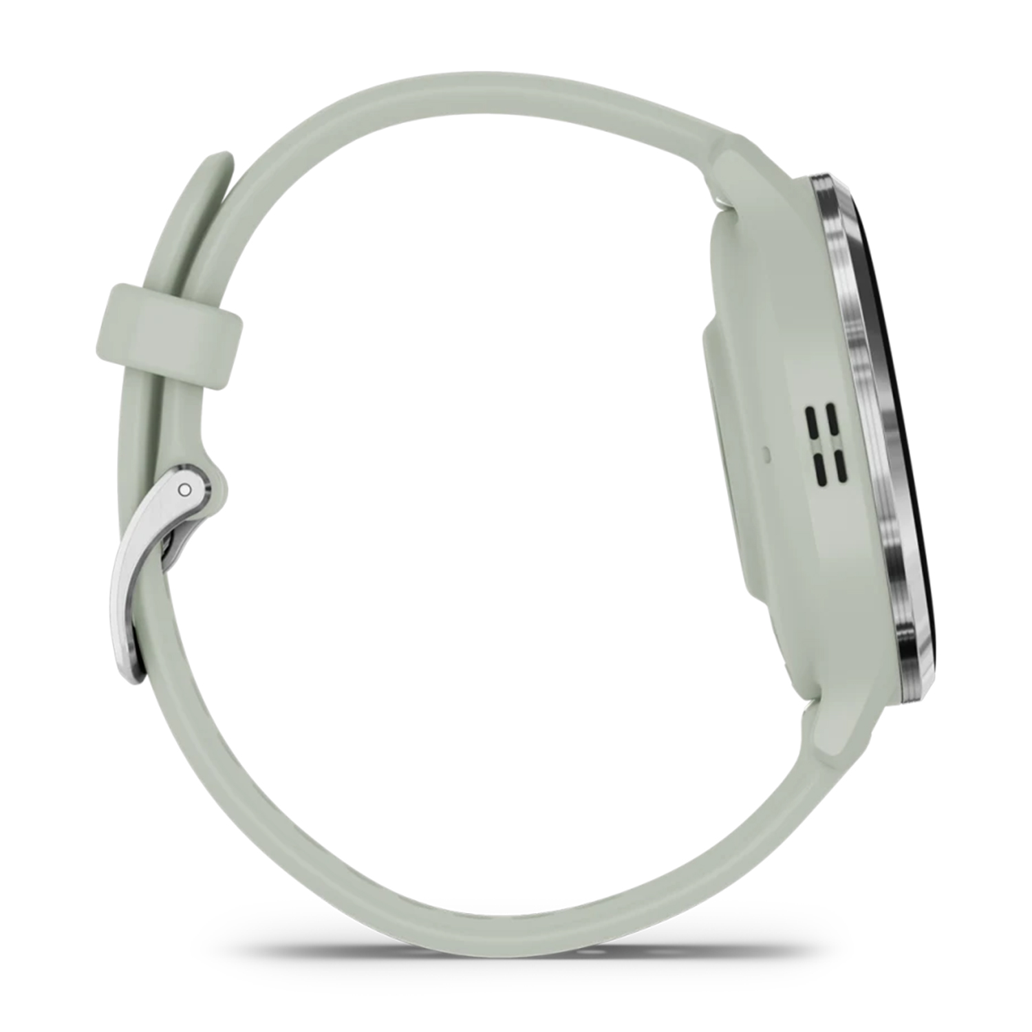 Vista laterale di uno smartwatch verde con cinturino. Sfondo bianco.
