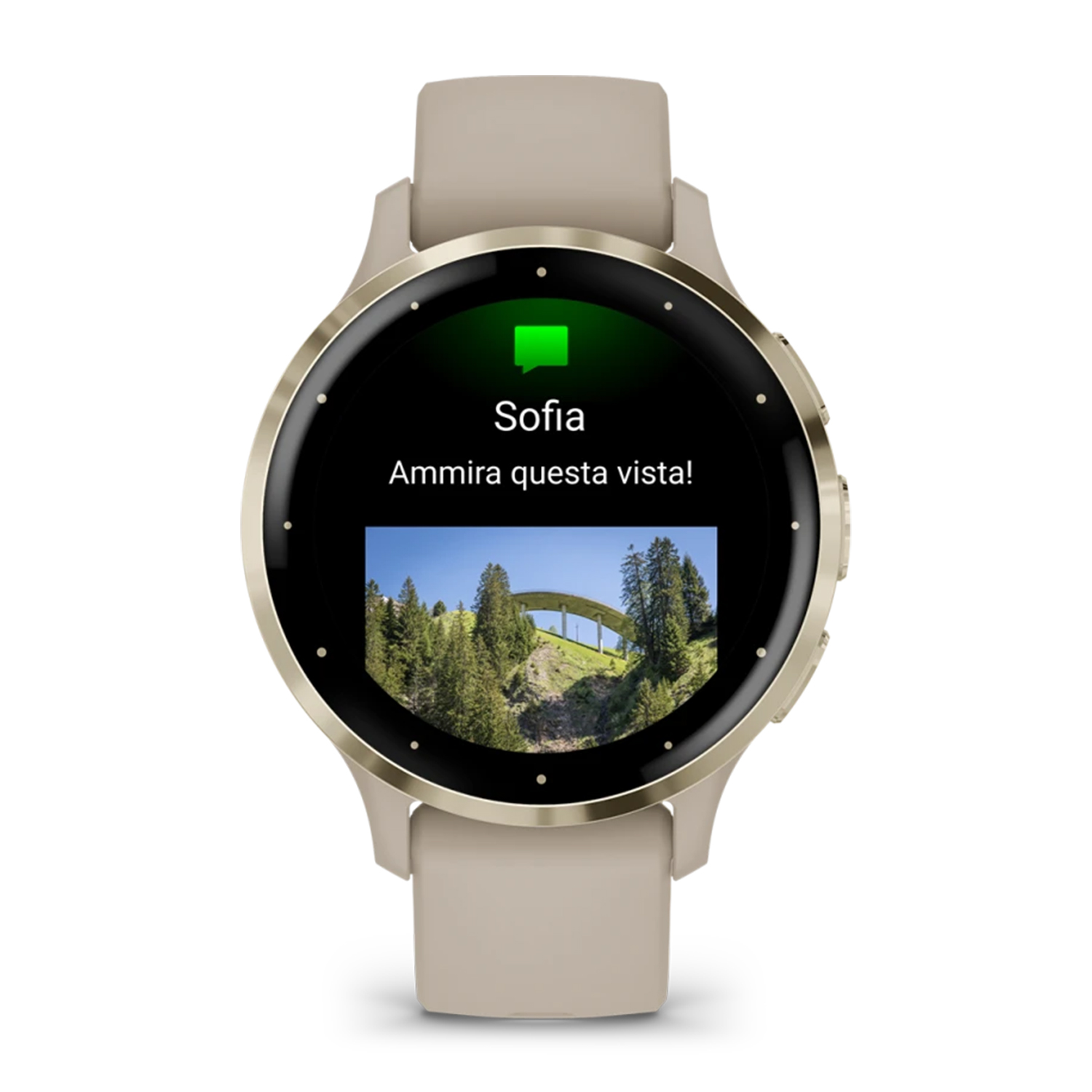 Lo smartwatch mostra una vista con alberi e ponte, e un messaggio da Sofia.