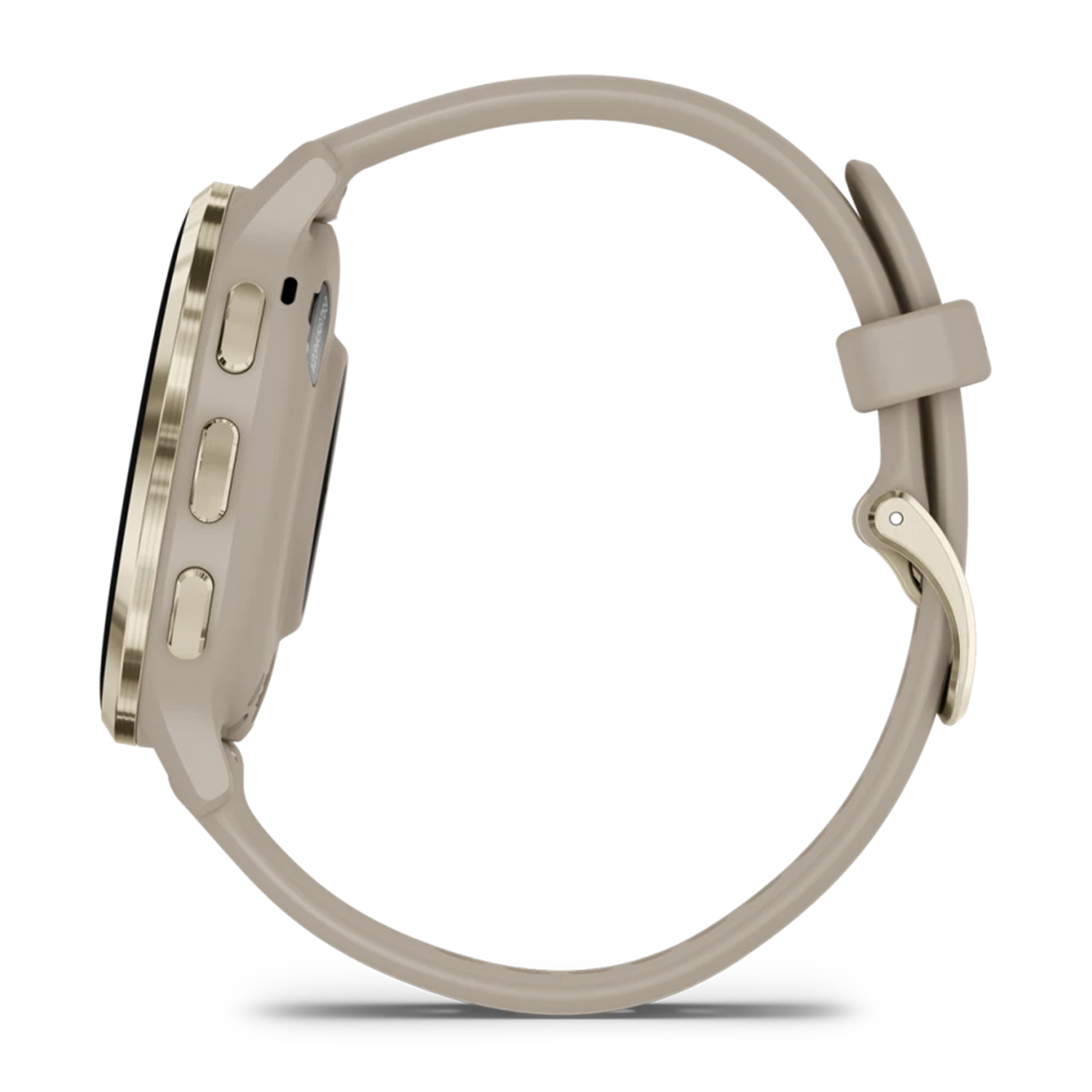 Vista laterale di uno smartwatch beige con cinturino beige.