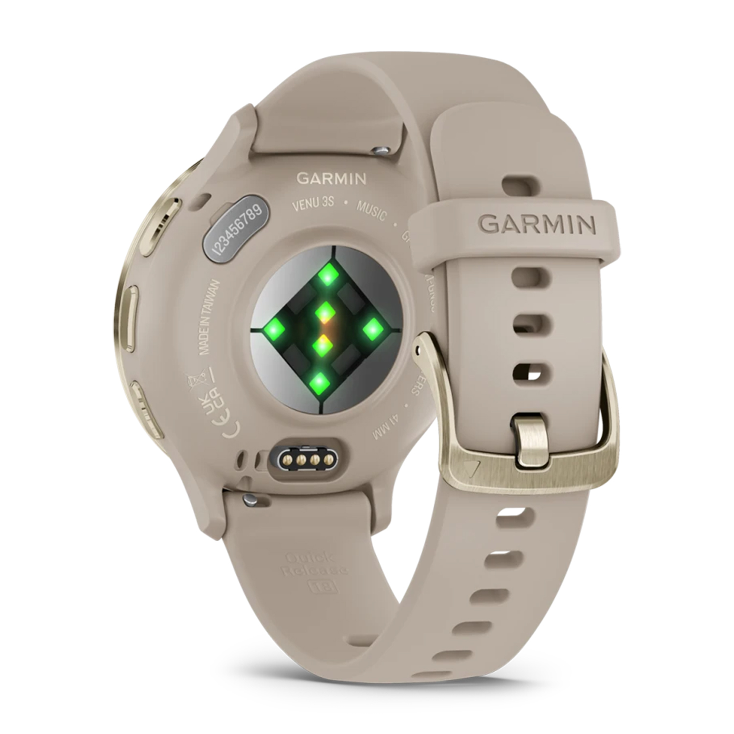 Smartwatch beige, vista posteriore, con sensore di frequenza cardiaca e cinturino. Logo Garmin visibile.