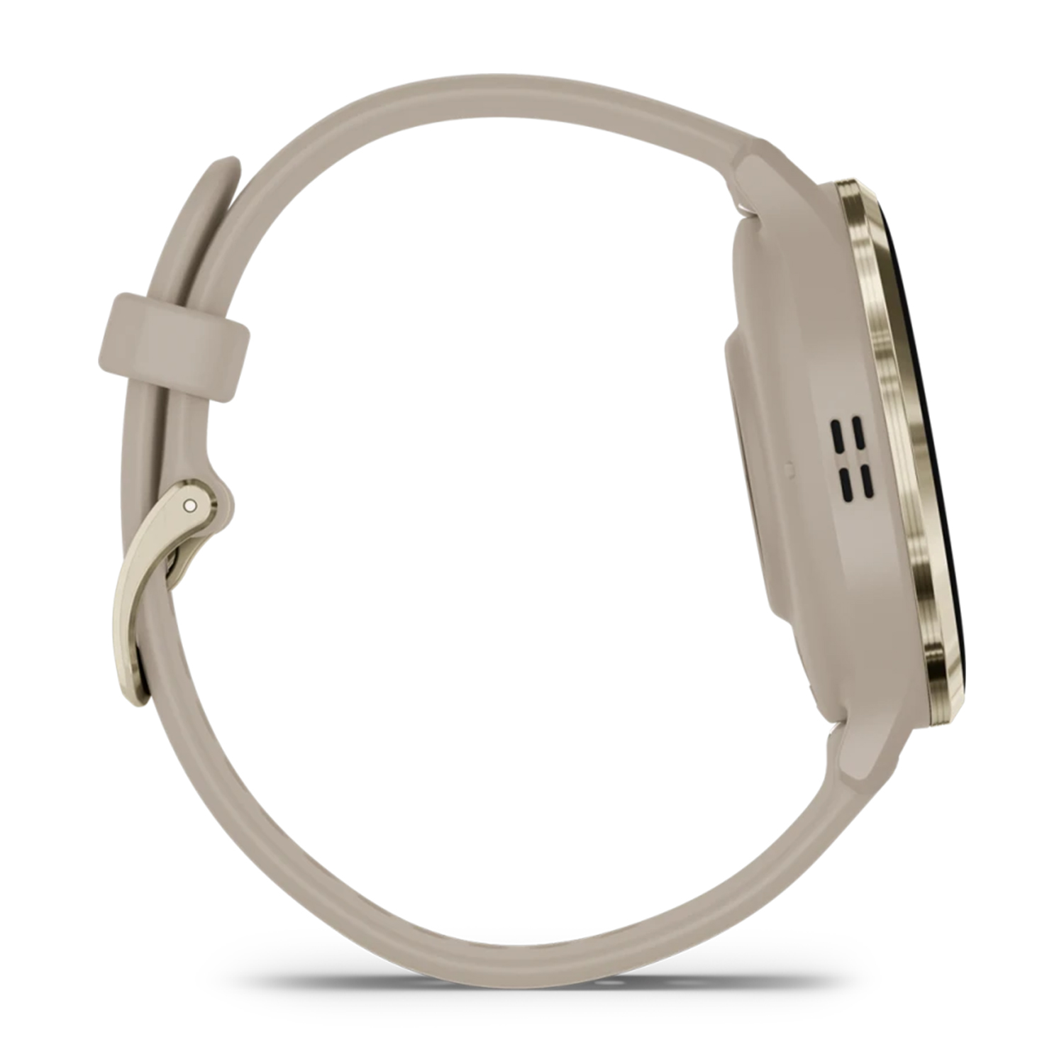 Vista laterale di uno smartwatch beige con cinturino beige e dettagli oro.