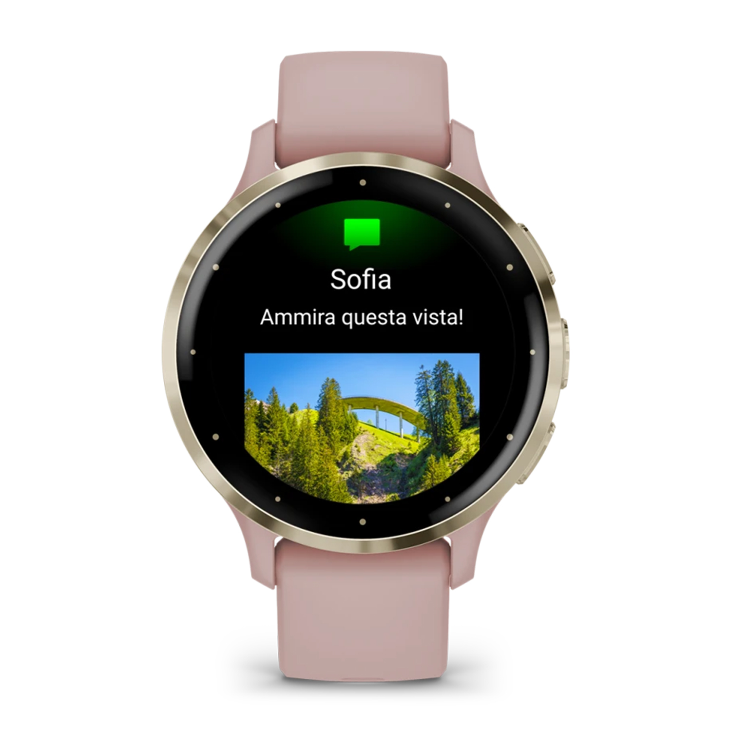 Smartwatch che mostra una vista e una notifica da Sofia, con un segno di spunta verde.