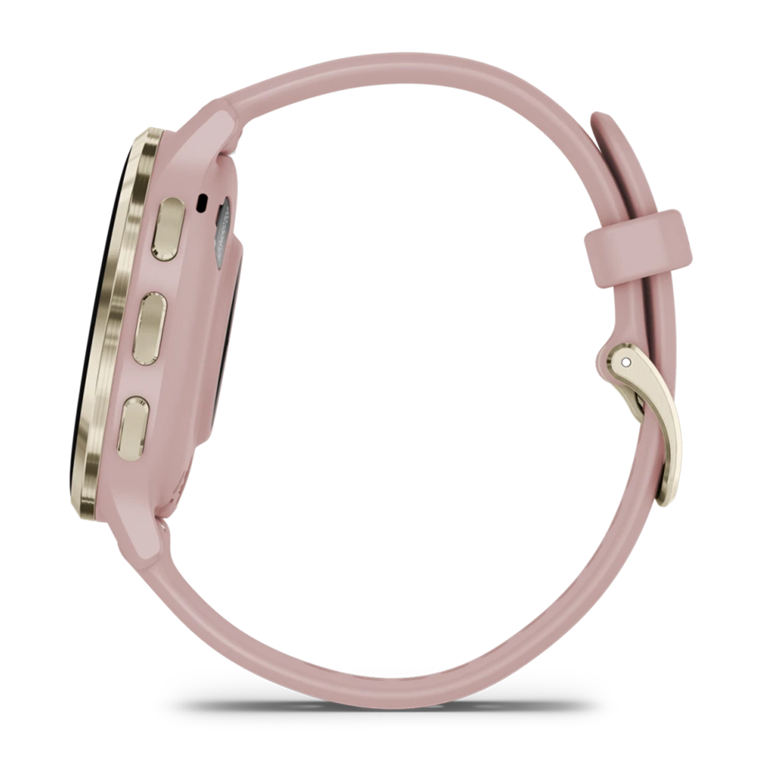 Uno smartwatch rosa di lato, che mostra i dettagli del cinturino e del quadrante.