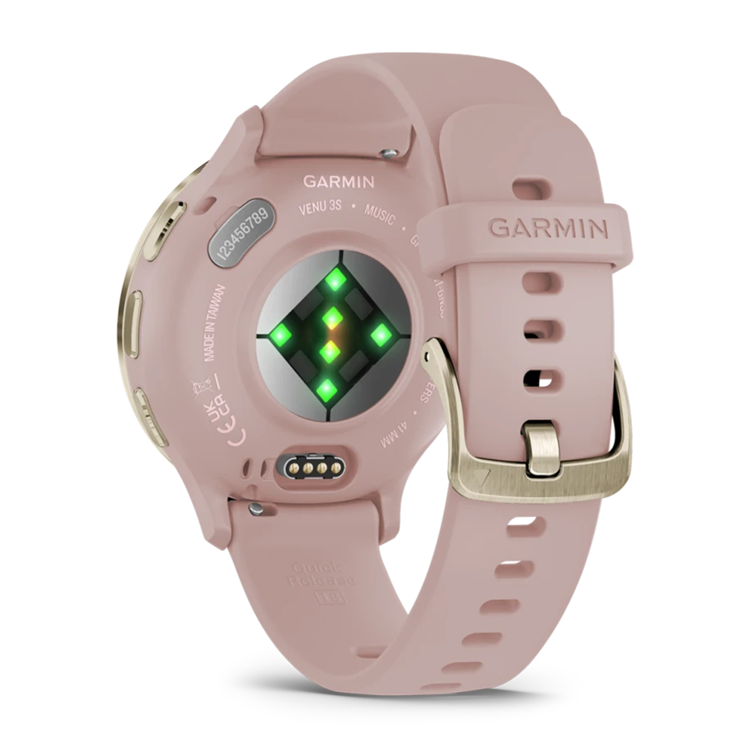 Orologio Garmin rosa, vista posteriore, con sensore di frequenza cardiaca verde chiaro.