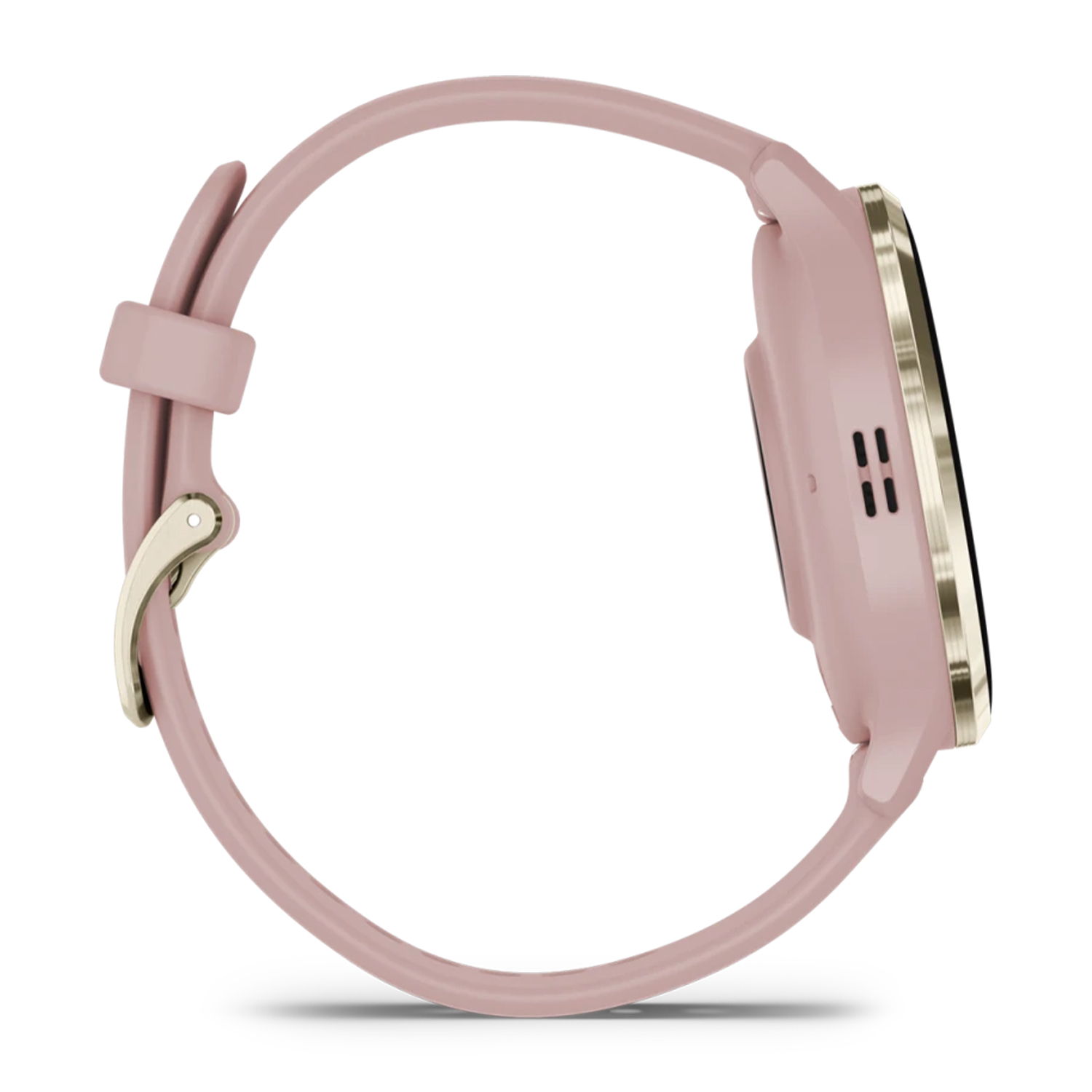 Uno smartwatch rosa, vista laterale. Il cinturino è rosa e l'orologio è rotondo con un accento dorato.