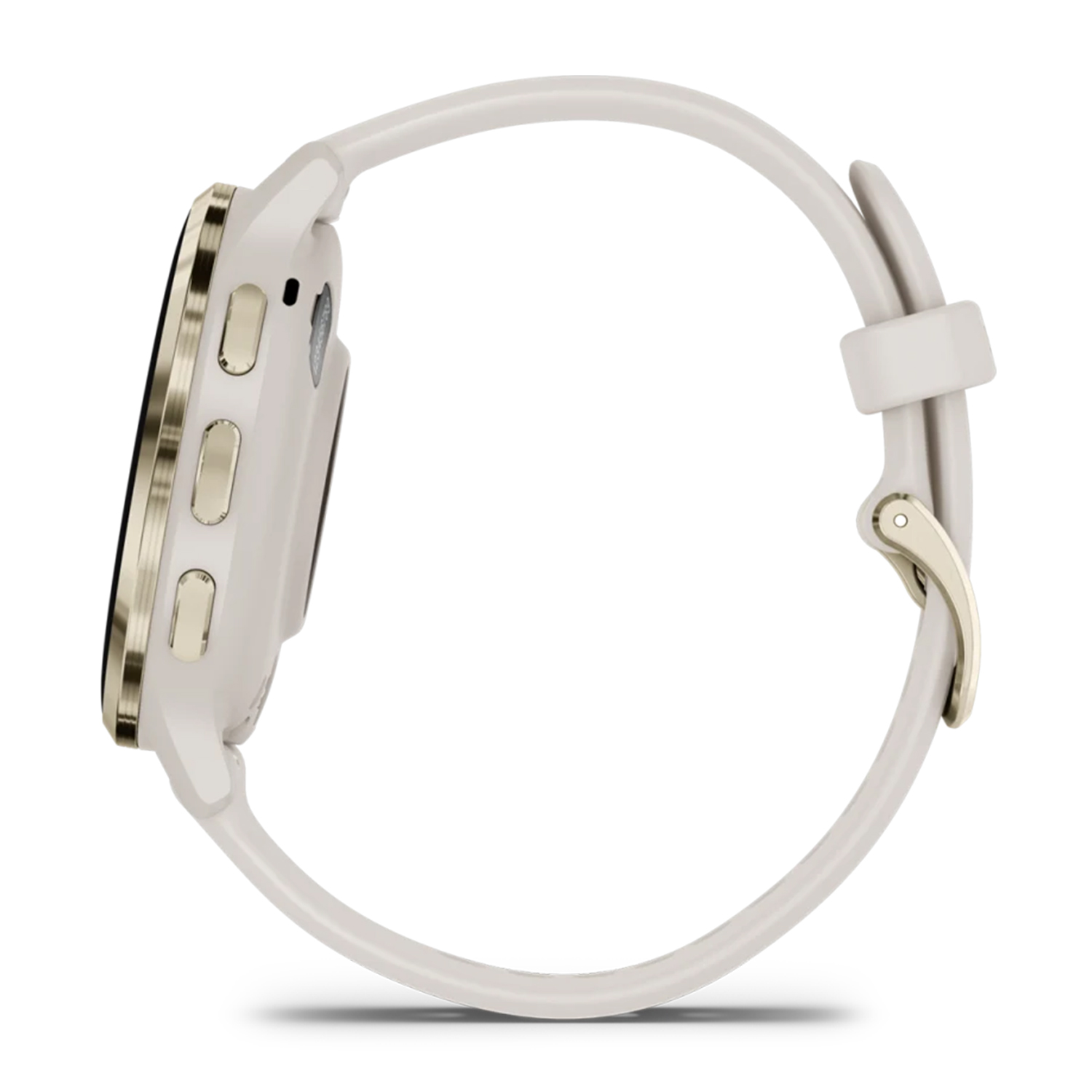 Vista laterale di uno smartwatch Garmin bianco con lunetta dorata e cinturino bianco.