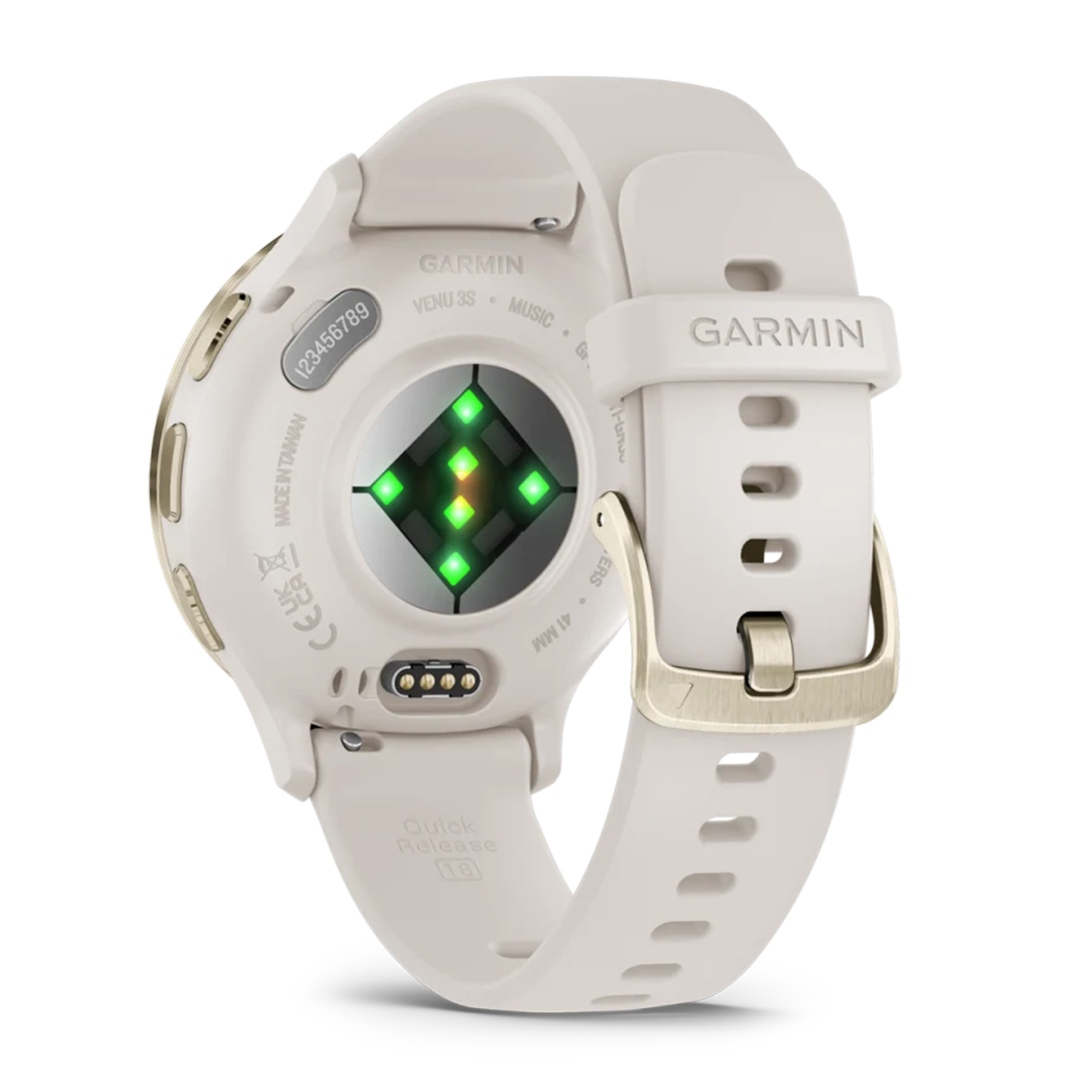 Vista posteriore dello smartwatch Garmin bianco. Mostra sensore di frequenza cardiaca.