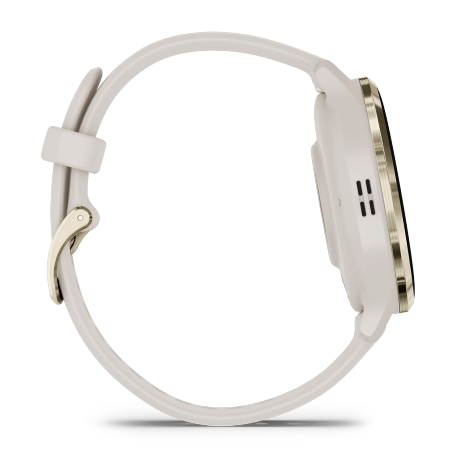 Vista laterale di uno smartwatch bianco con finiture dorate e cinturino beige.