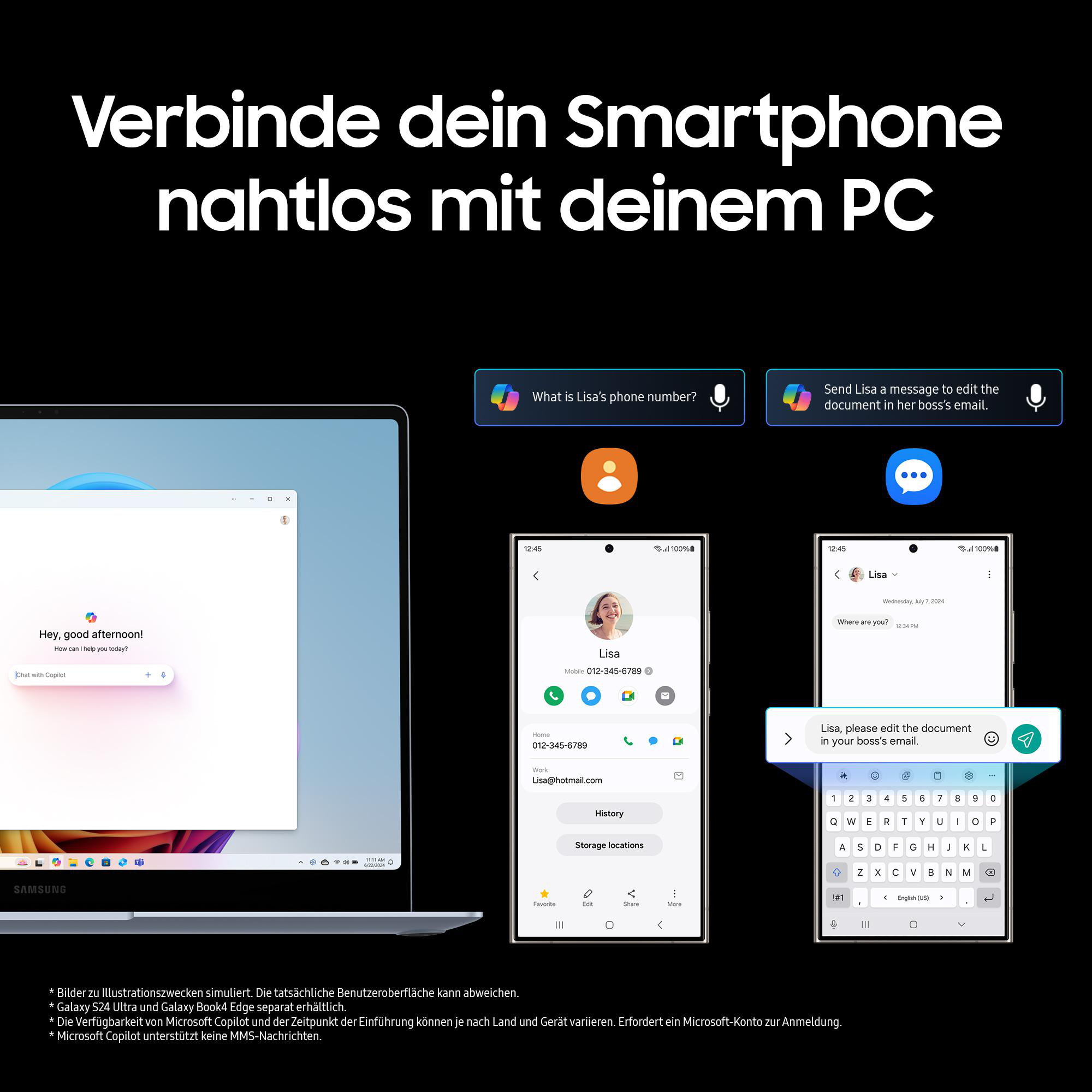 Ein Werbebild mit Laptop, zwei Telefonen und Text. Es zeigt Funktionen zur Telefon-PC-Verbindung.