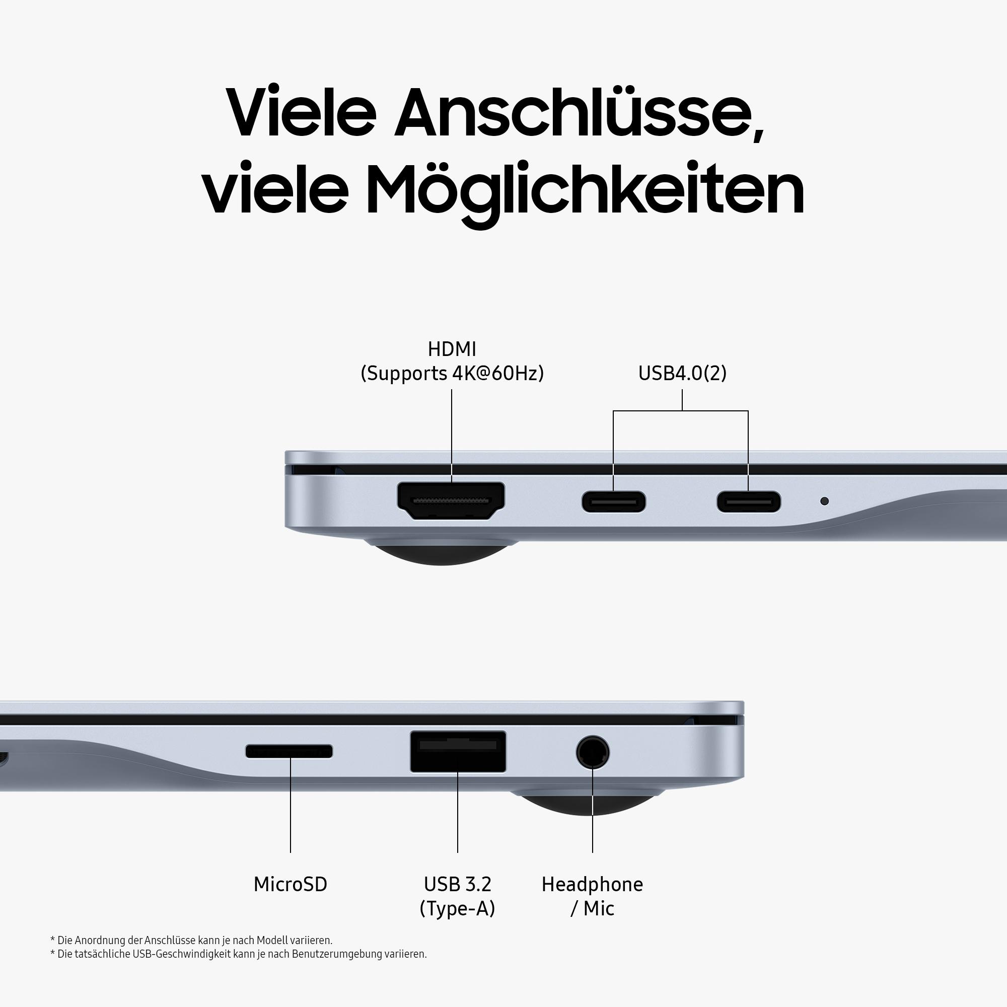 Nahaufnahme der Laptop-Anschlüsse mit Beschriftungen für HDMI, USB, MicroSD und Kopfhöreranschluss.