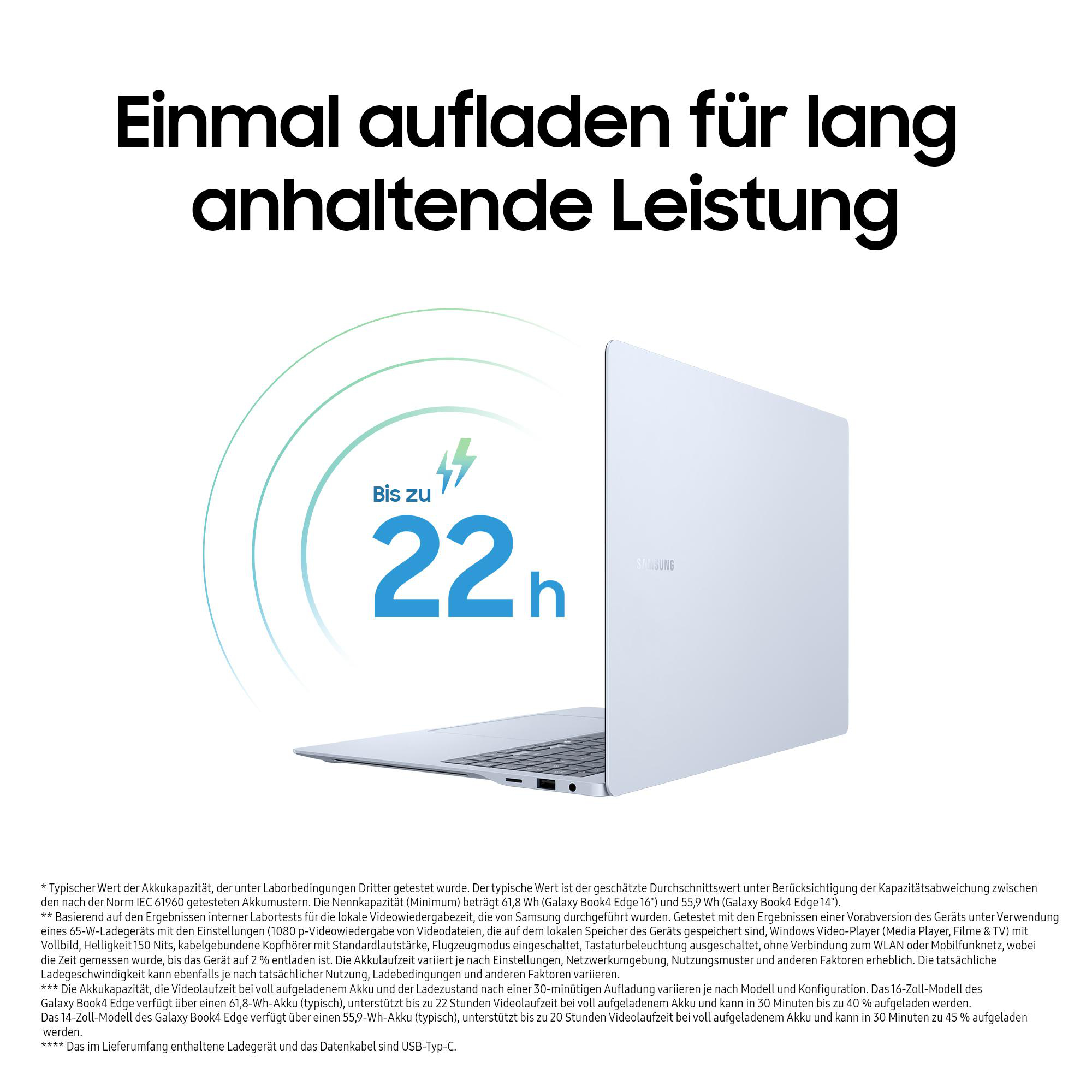 Ein weißer Laptop mit geöffnetem Bildschirm, der Text anzeigt. Ein Text über Akkulaufzeit ist vorhanden.