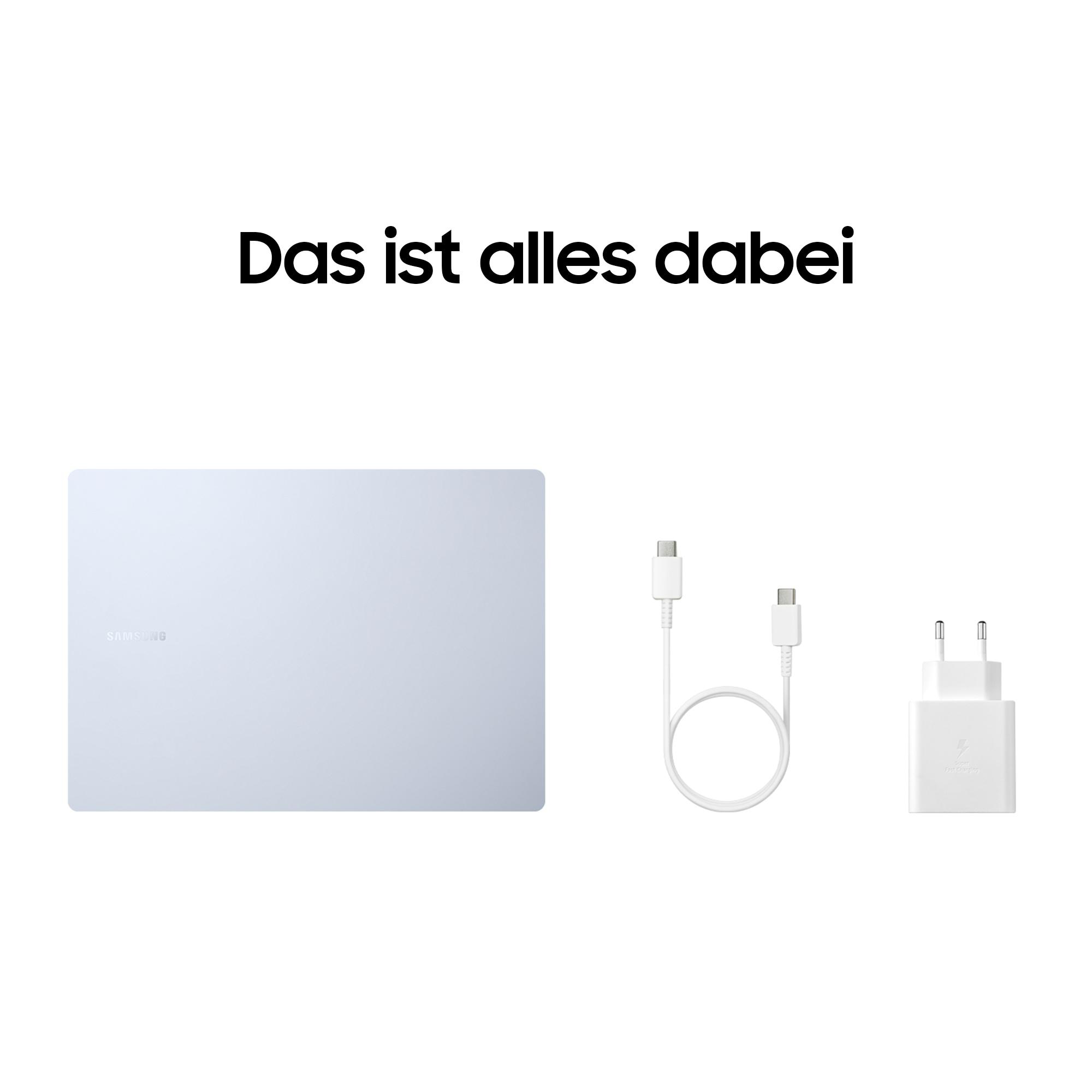 Weißes Samsung-Tablet, Ladegerät und Kabel, mit dem Text 'Das ist alles dabei'.