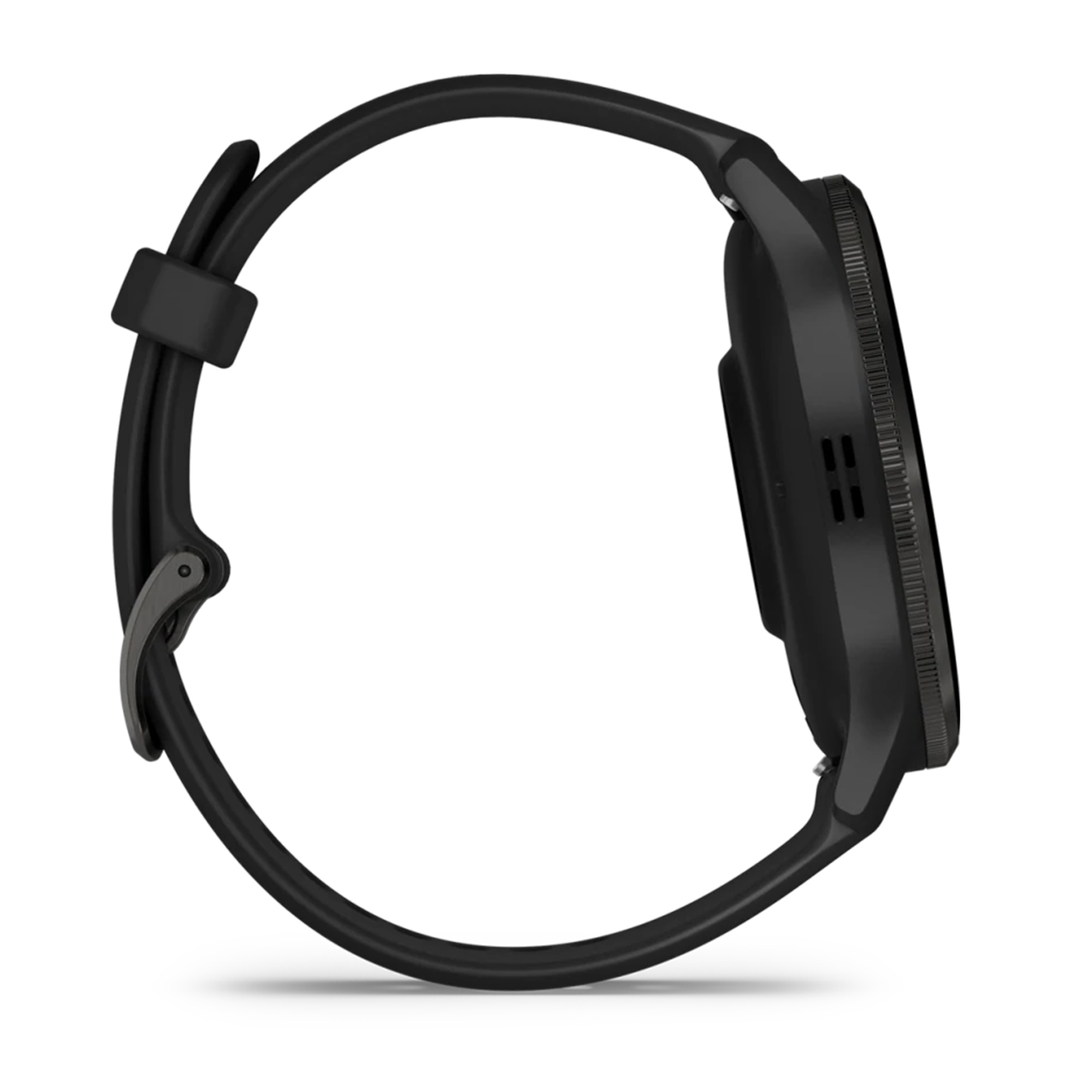 Smartwatch nero, vista laterale, con cinturino nero. Su sfondo bianco, leggermente angolato.