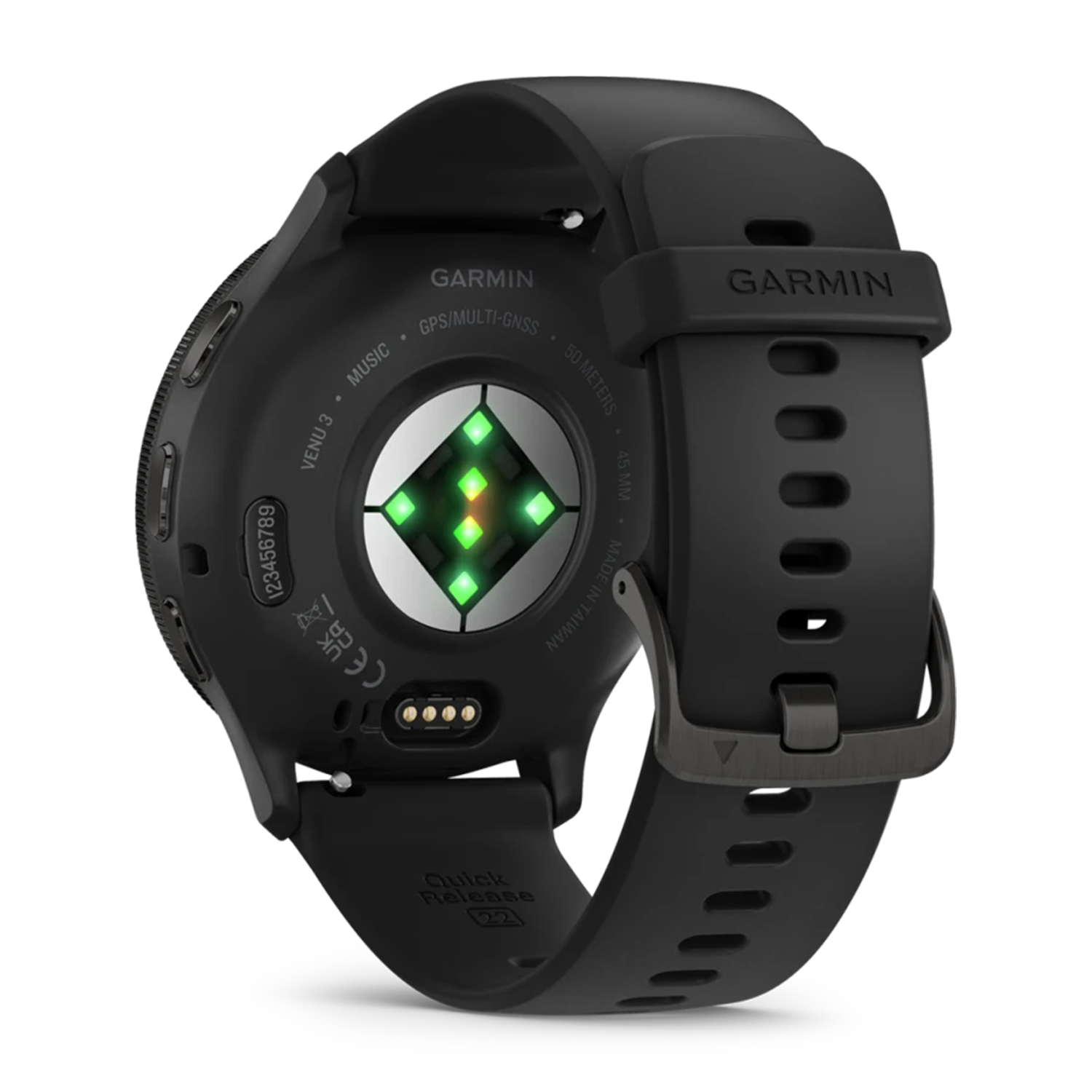 Retro dell'orologio Garmin. Sensore di frequenza cardiaca, pin di ricarica e cinturino nero sono visibili.