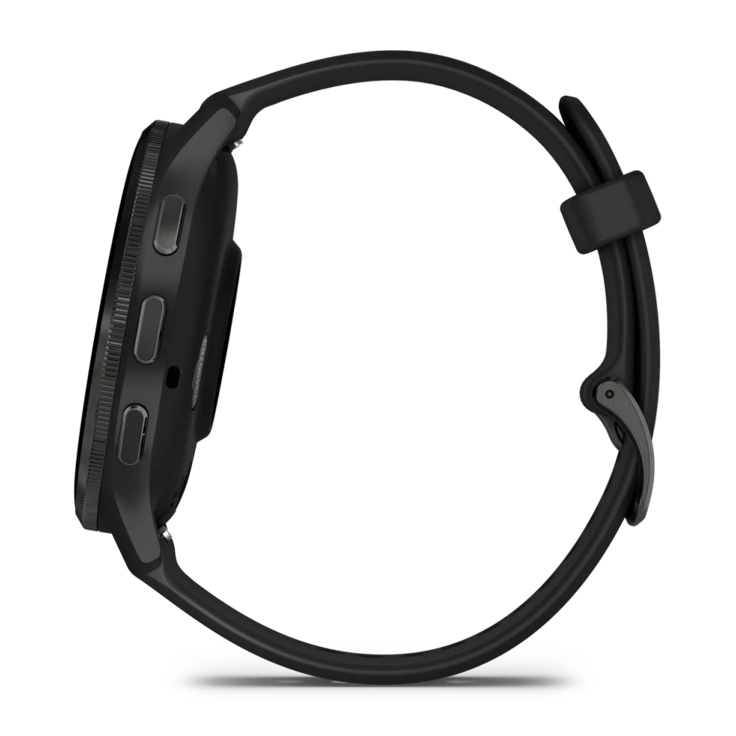 Smartwatch Garmin nero, vista laterale, cinturino nero, quadrante nero, sfondo bianco.