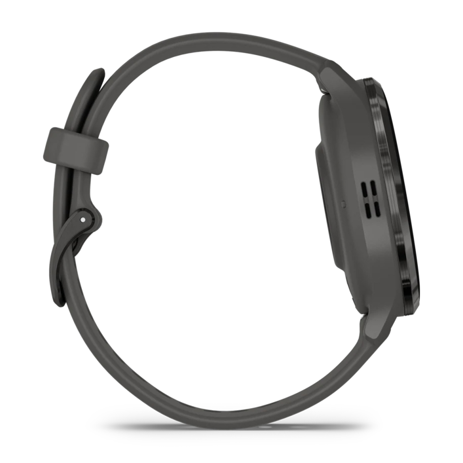 Vista laterale di uno smartwatch Garmin grigio. Il cinturino è grigio e il quadrante è visibile.