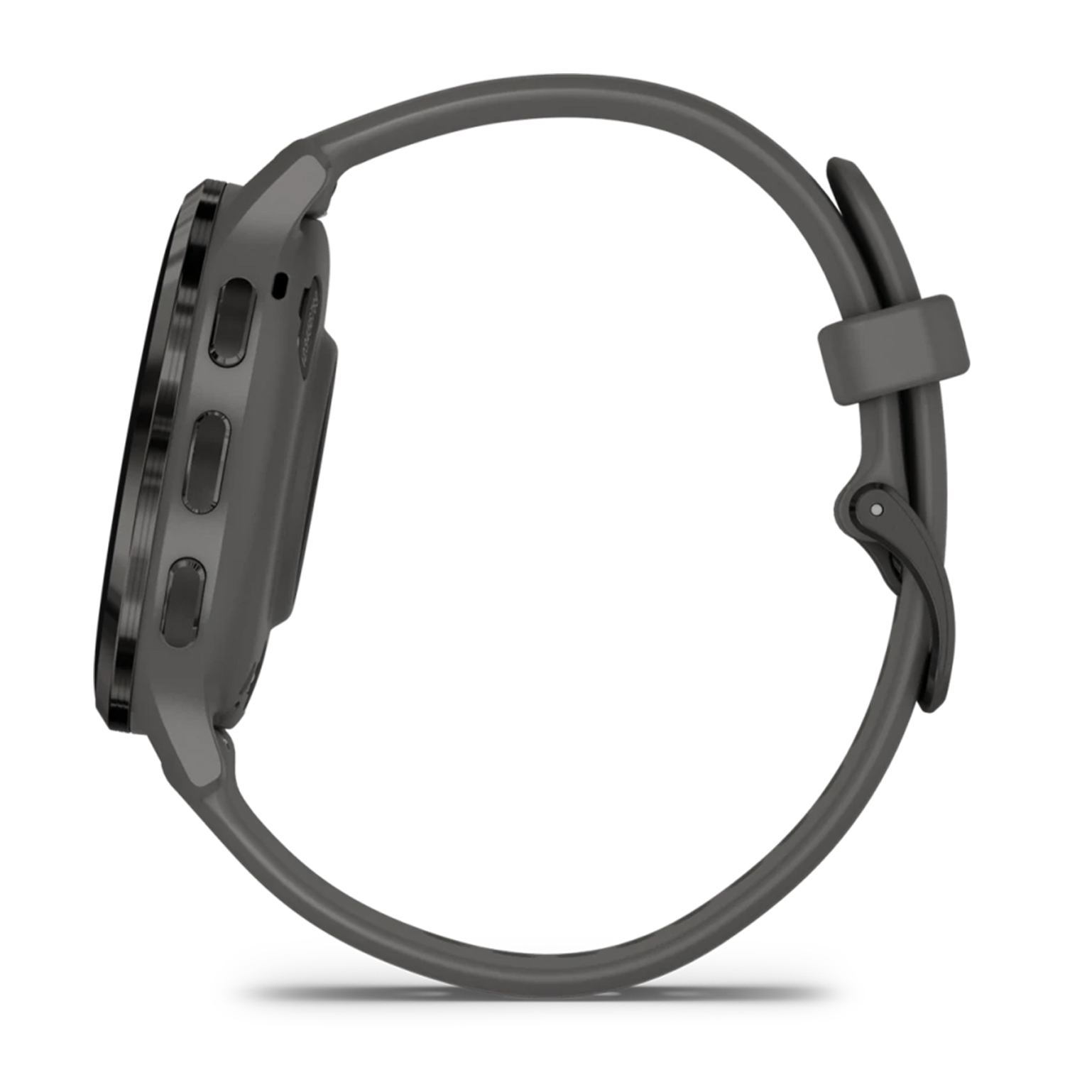 Vista laterale di uno smartwatch grigio con cinturino grigio. Pulsanti visibili. Schermo nero.
