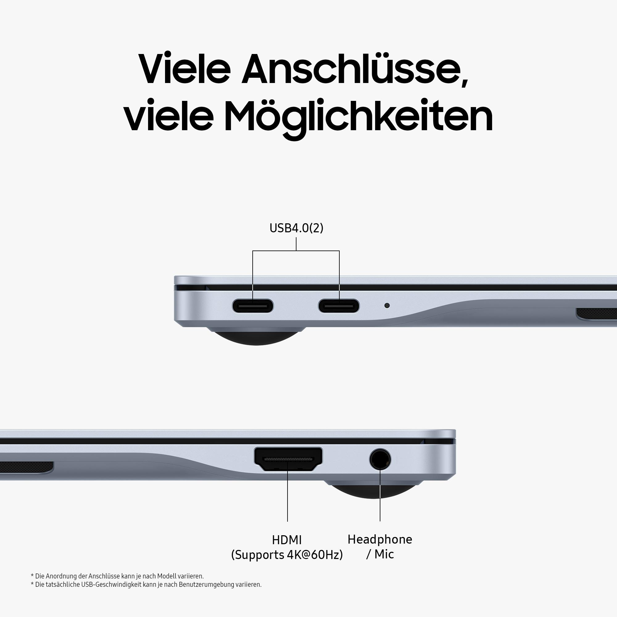 Nahaufnahme von Laptop-Anschlüssen, die USB4- und HDMI-Anschlüsse sowie einen Kopfhöreranschluss zeigen.