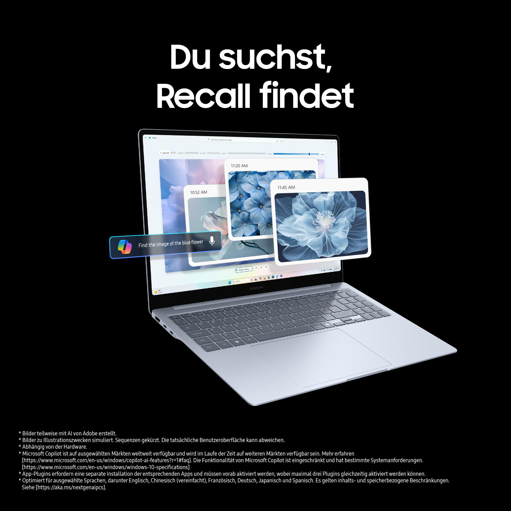 Laptop mit Bildschirm, der eine blaue Blume zeigt. Text auf Deutsch.