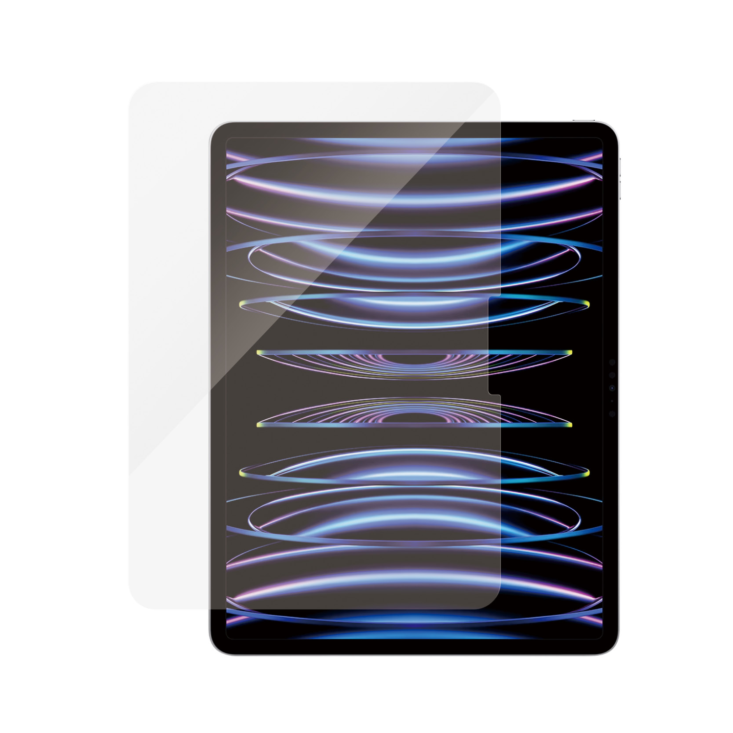 An iPad with a screen protector applied. The screen displays colorful, curved lines. The protector is clear.