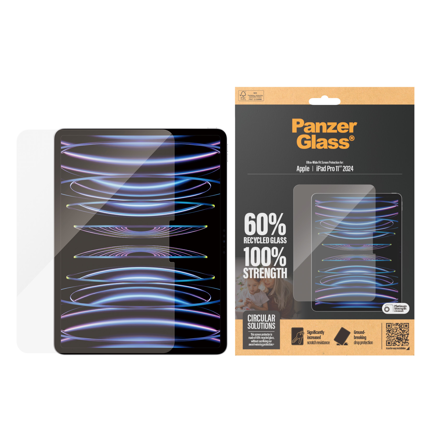 iPad with screen protector packaging, showing the protector and iPad.