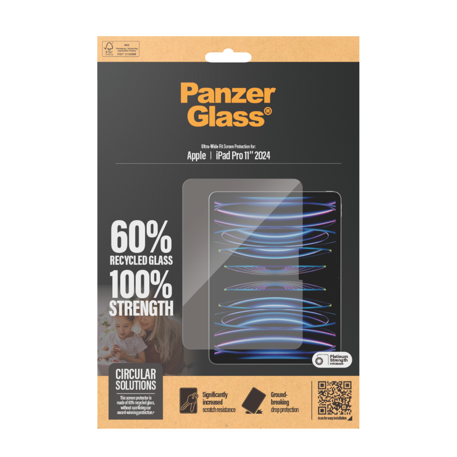 Screen protector packaging with text and images of a screen protector.