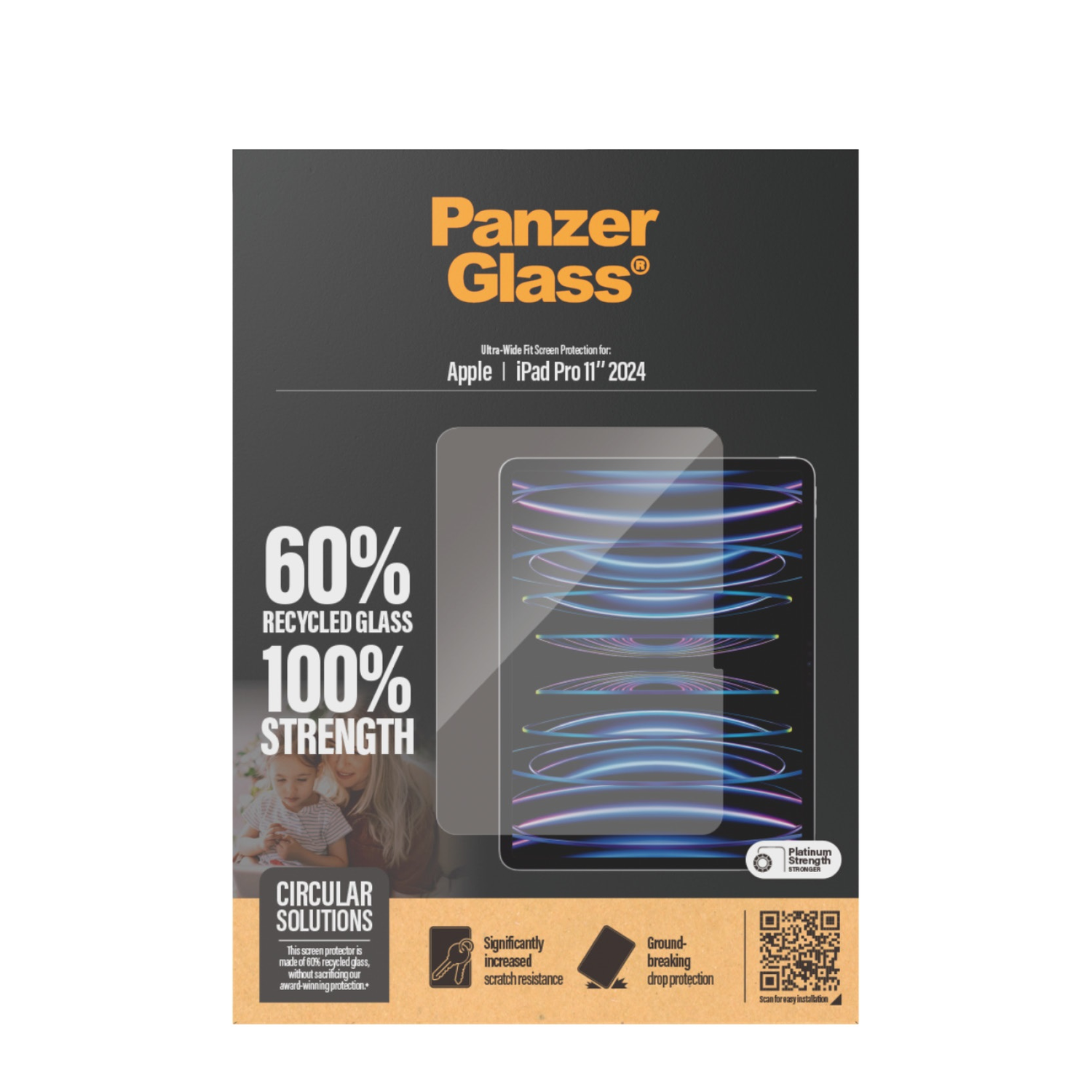 A package for a screen protector for an Apple iPad Pro with 60% recycled glass and 100% strength.