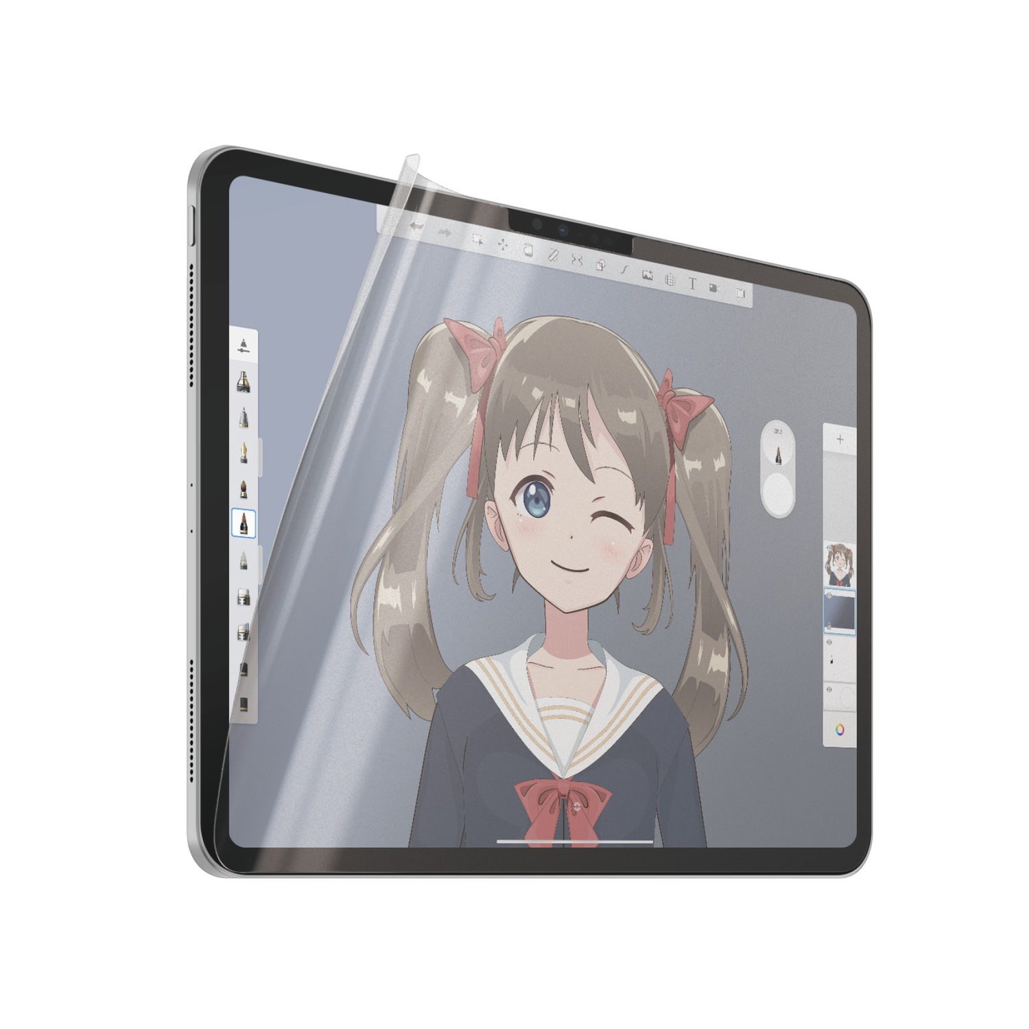 An iPad with a screen protector showing an anime girl and art tools. White background.