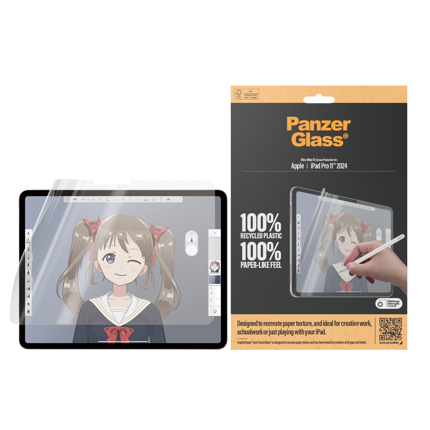 iPad with screen protector, a girl's drawing on screen, and a product package.