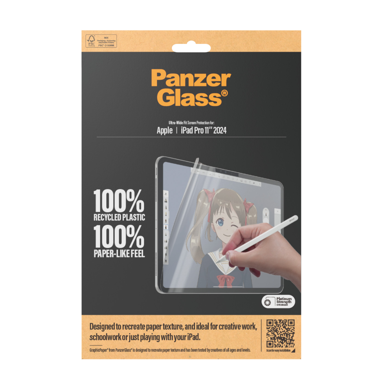 Packaging for a PanzerGlass screen protector for an iPad. Shows the iPad and a person using it.
