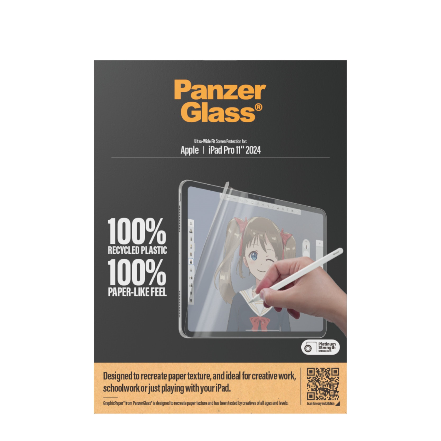 A paper that says PanzerGlass, with an iPad and a pencil.
