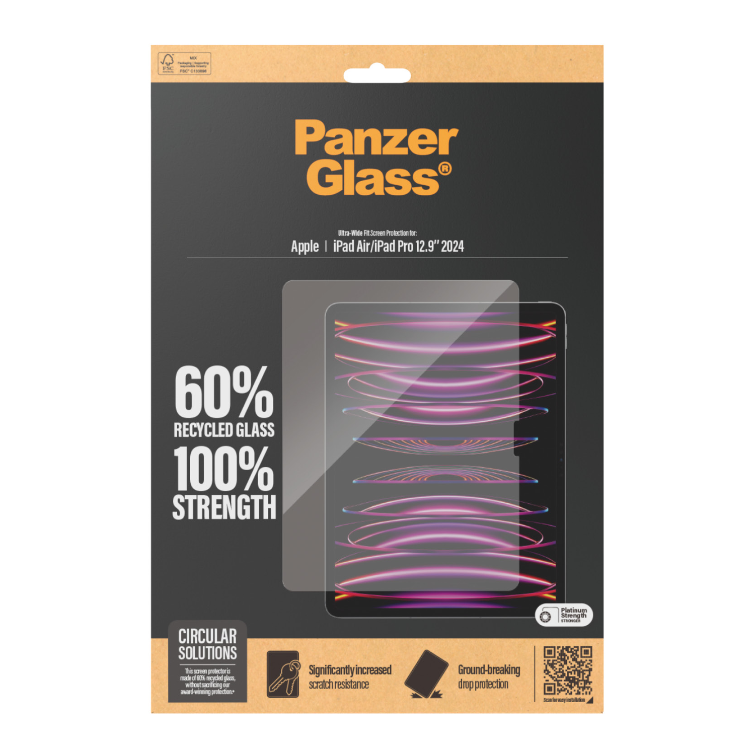 PanzerGlass screen protector packaging. Shows a tablet with the screen protector applied.