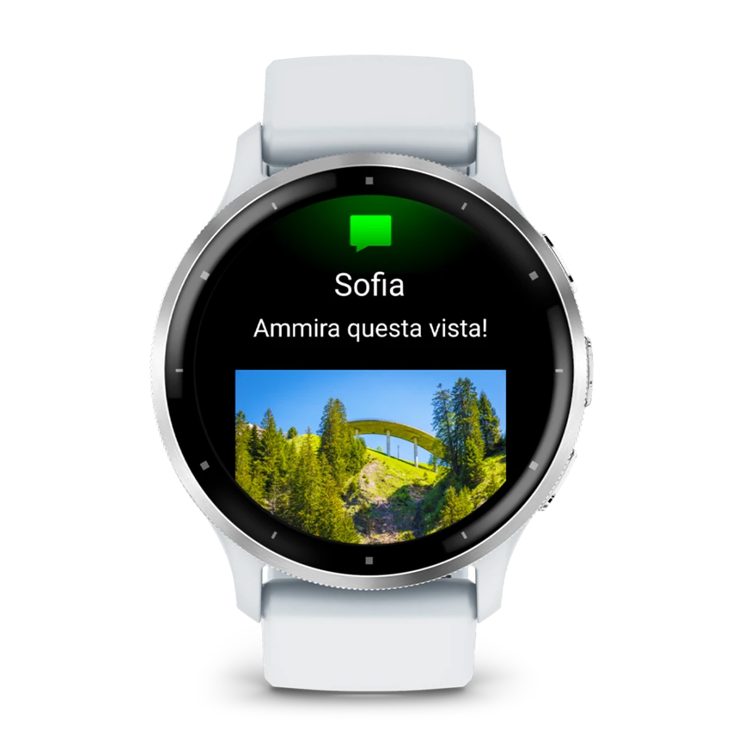 Uno smartwatch Garmin mostra un messaggio: 'Sofia, Ammira questa vista!'. C'è una foto di un ponte sullo schermo.