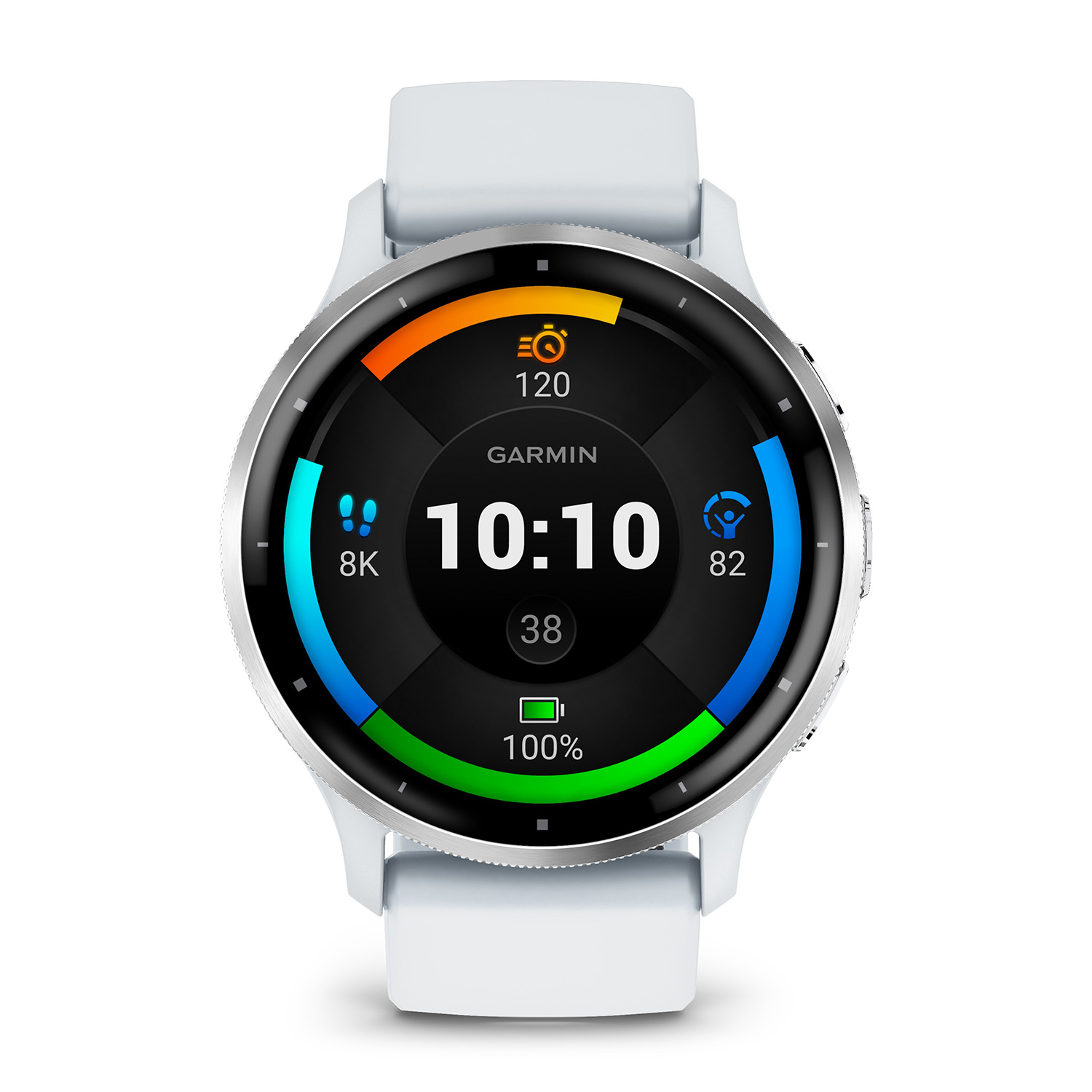 Smartwatch bianca con display nero che mostra ora, passi e durata della batteria. Cinturino bianco, sfondo bianco.