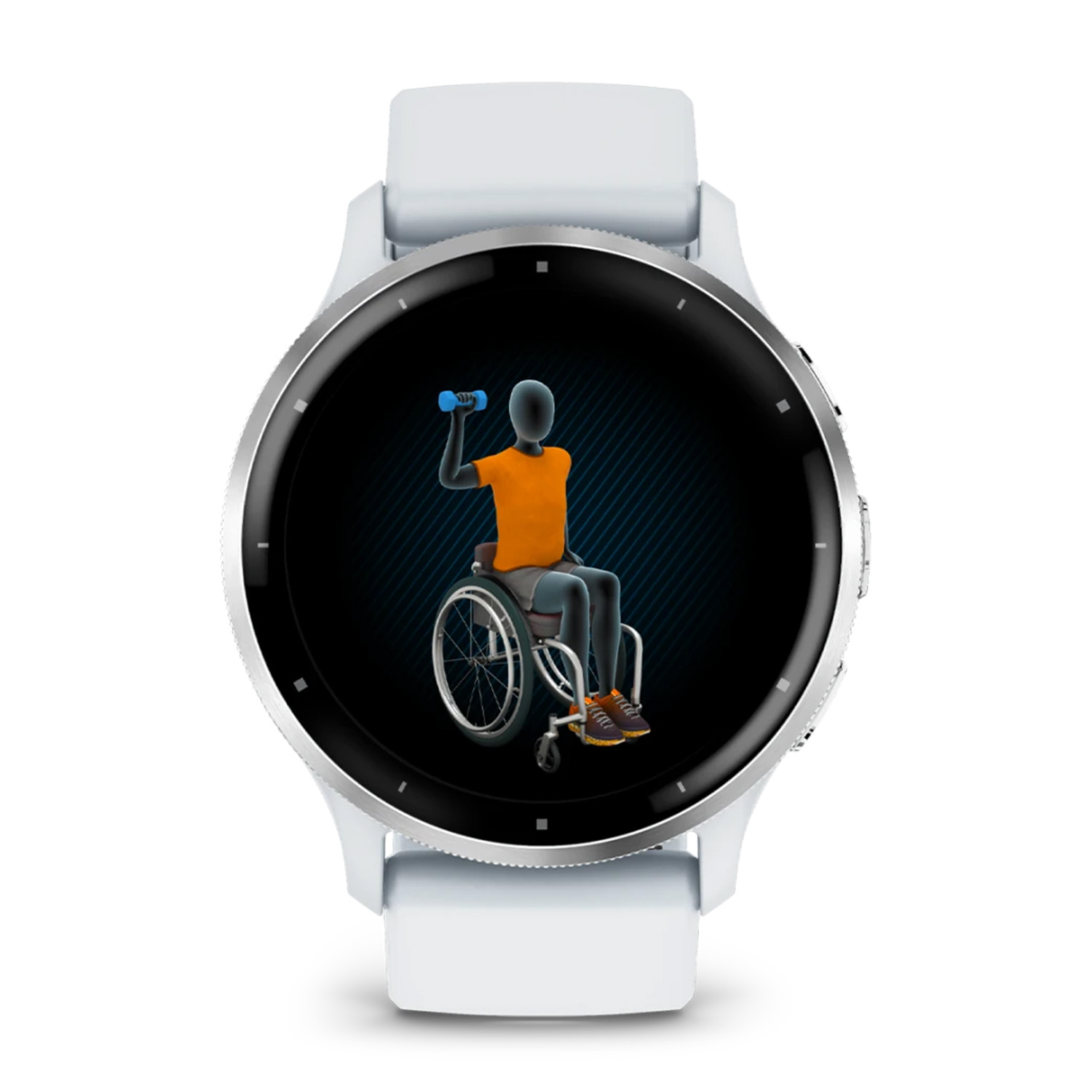 Uno smartwatch mostra una persona in sedia a rotelle che solleva un manubrio blu, visualizzazione allenamento.