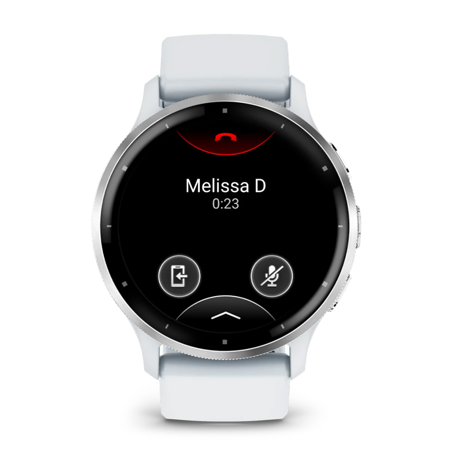 Smartwatch che mostra una chiamata da Melissa D. con opzioni per rispondere o disattivare l'audio.