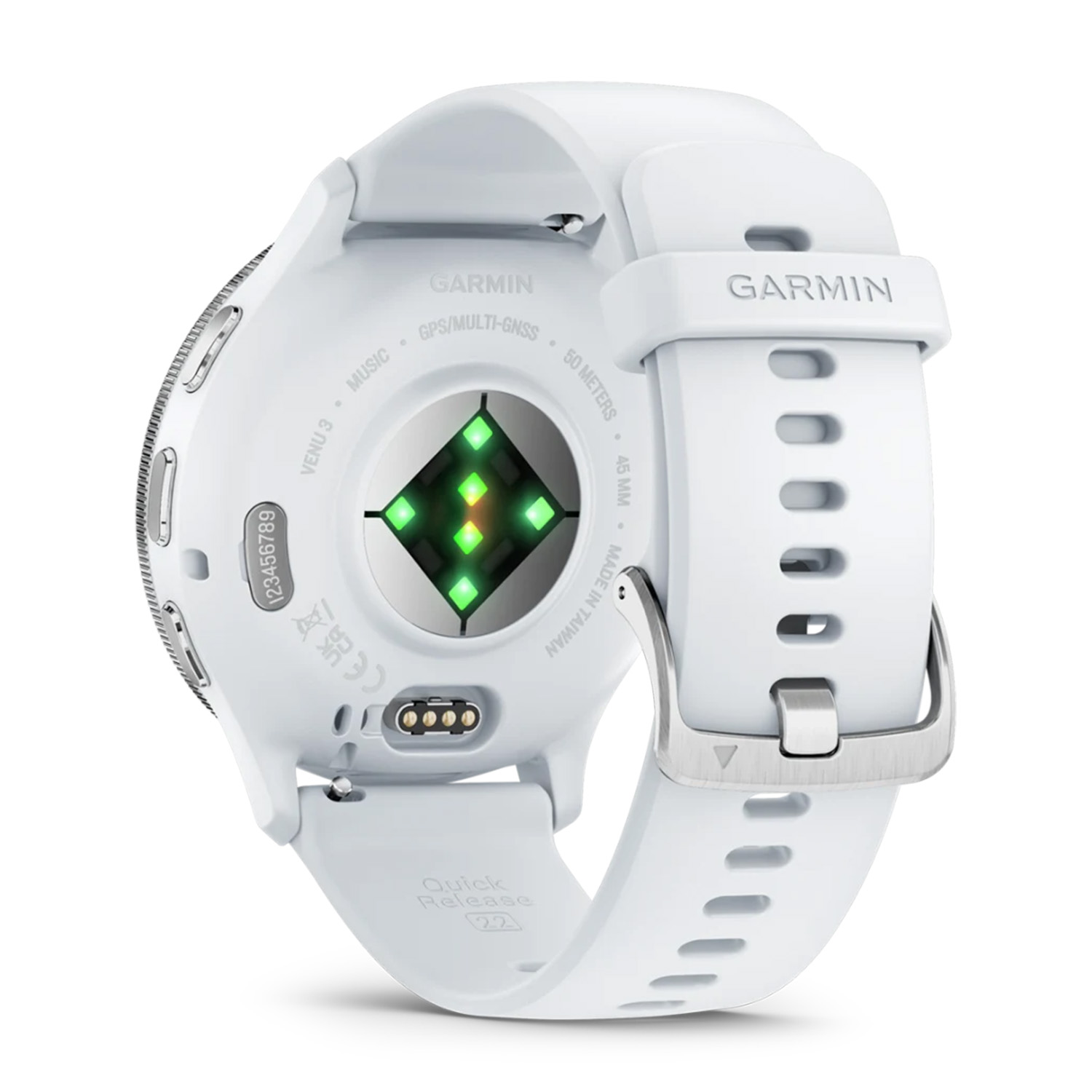 Smartwatch Garmin bianco, vista posteriore, sensore di frequenza cardiaca.