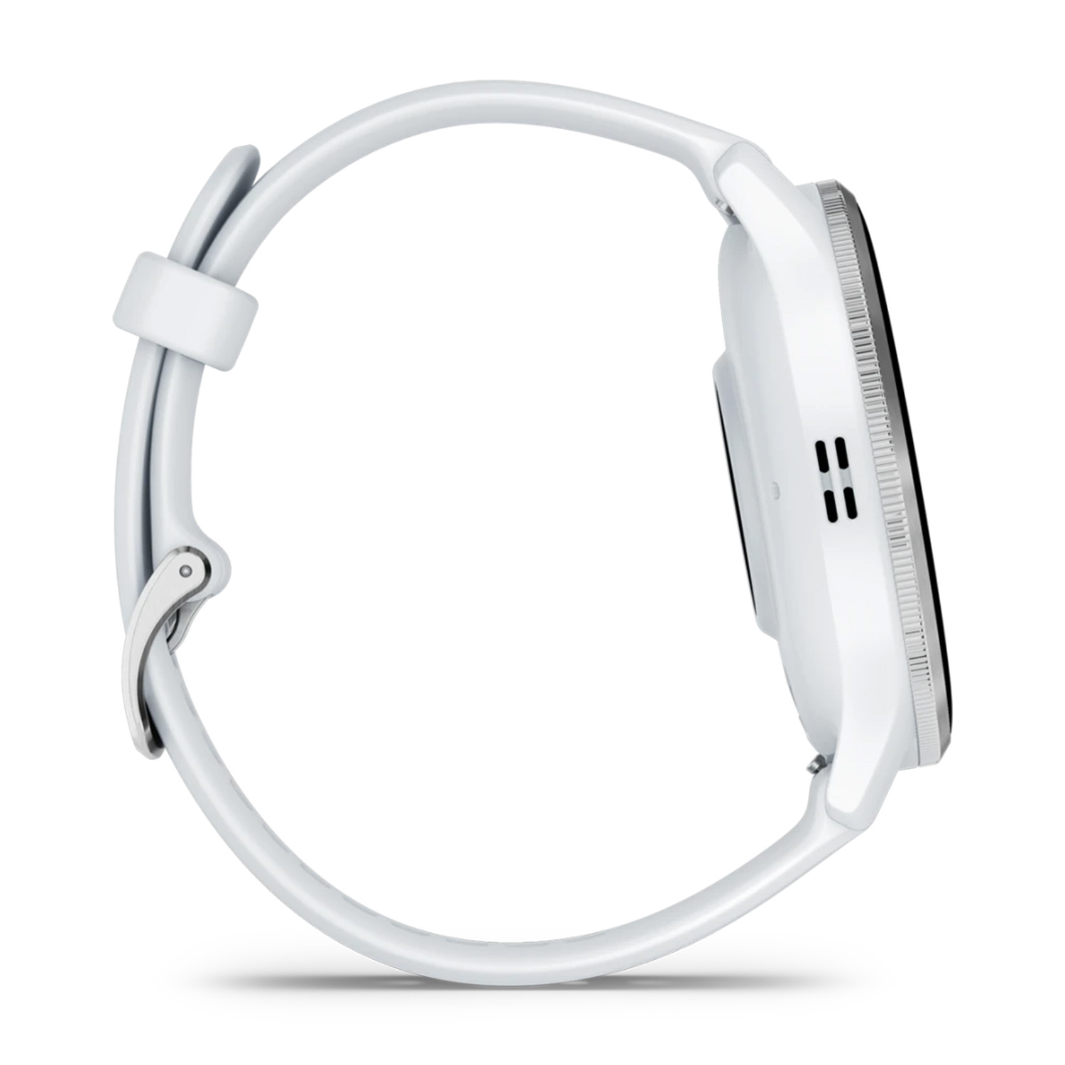 Smartwatch bianca con cinturino bianco. Lo schermo è nero.