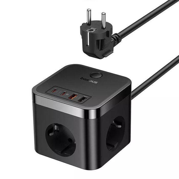 Çoklu priz ve USB bağlantı noktalarına sahip siyah bir priz uzatma kablosu ve üstte bir güç fişi.